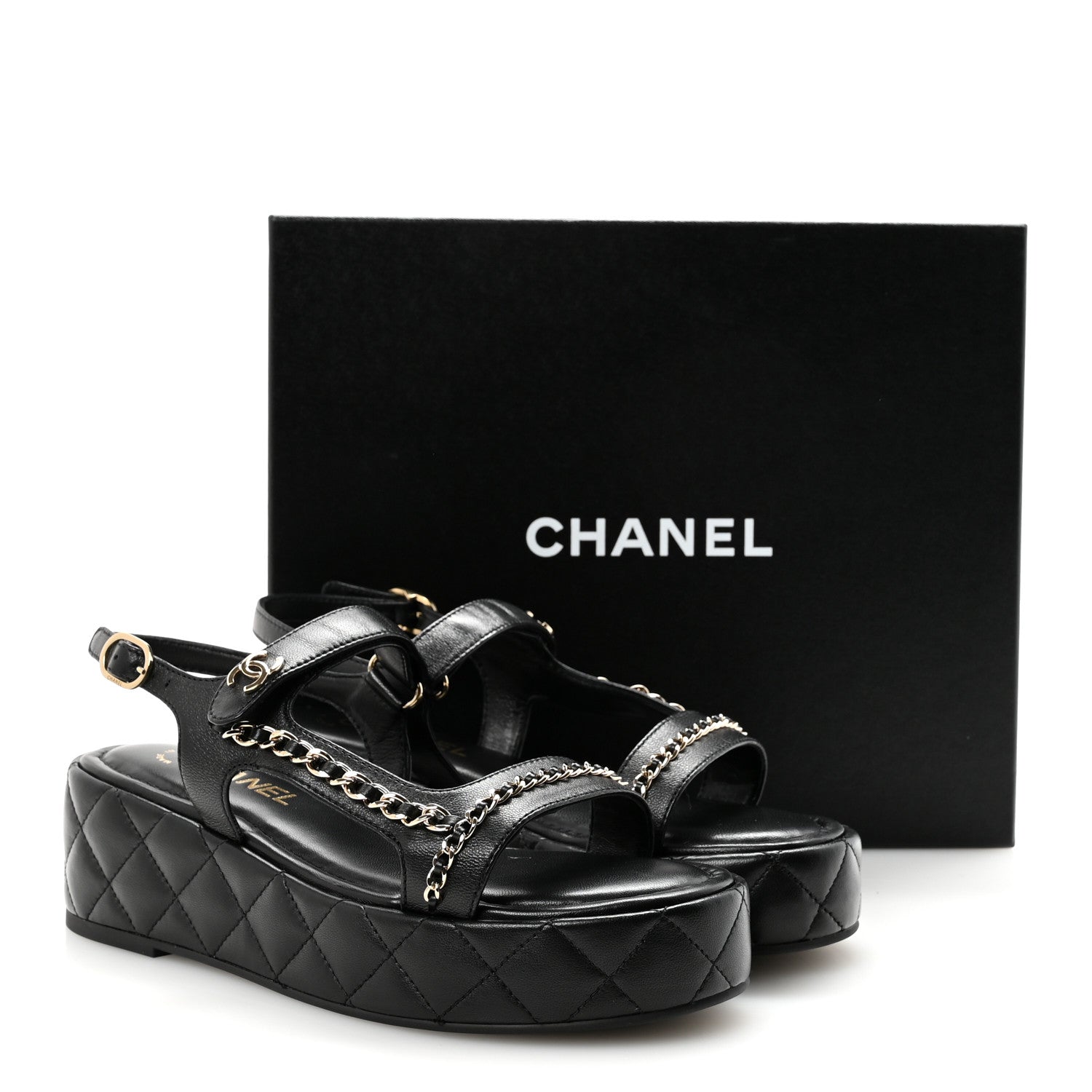 Lambskin Quilted Chain CC Platform Sandals 38.5 Black
