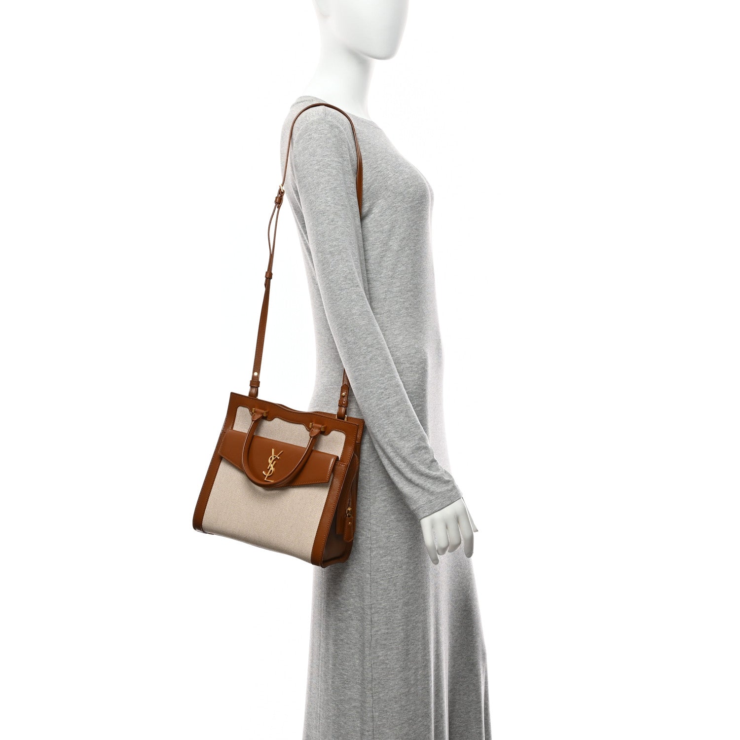 Canvas Calfskin Small Uptown Tote Brown