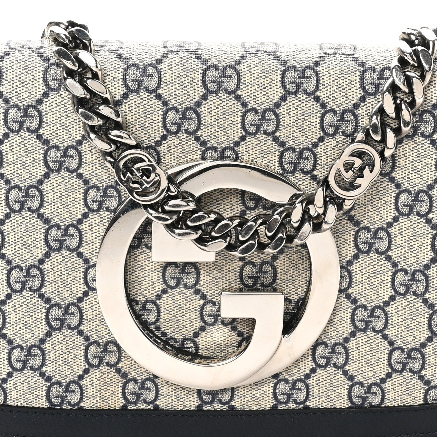 GG Supreme Monogram Textured Dollar Calfskin Blondie Chain Shoulder Flap Bag Beige Blue