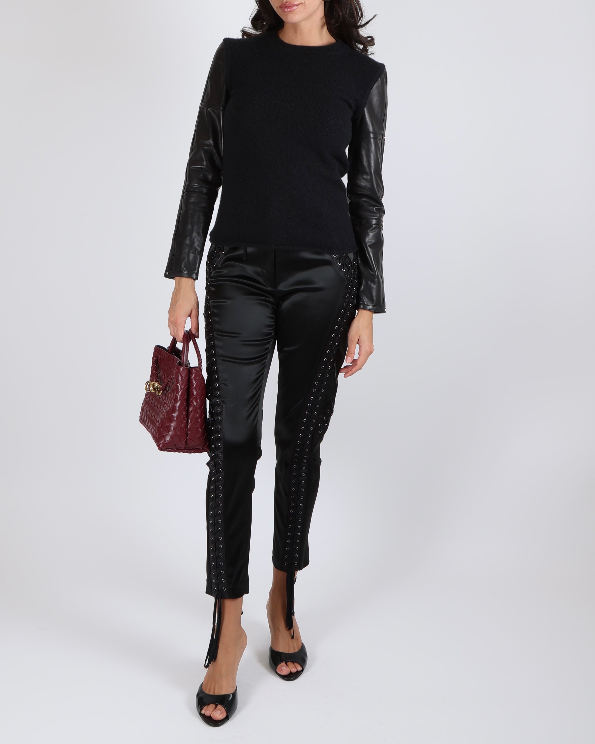 Hermès Black Cashmere Jumper with Lambskin Leather Sleeves and Palladium Stud Details Size FR 36 (UK 8) RRP £4,200