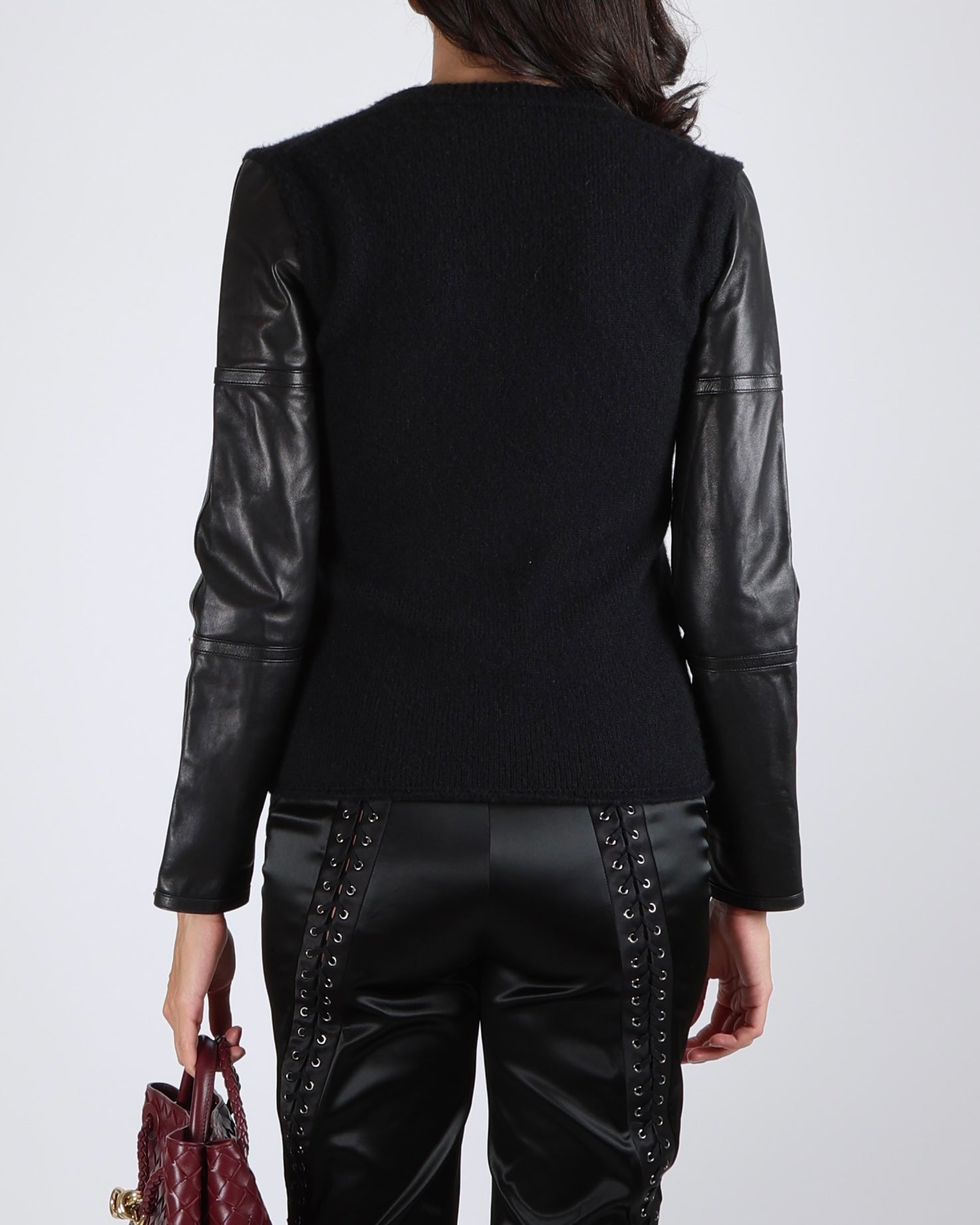 Hermès Black Cashmere Jumper with Lambskin Leather Sleeves and Palladium Stud Details Size FR 36 (UK 8) RRP £4,200