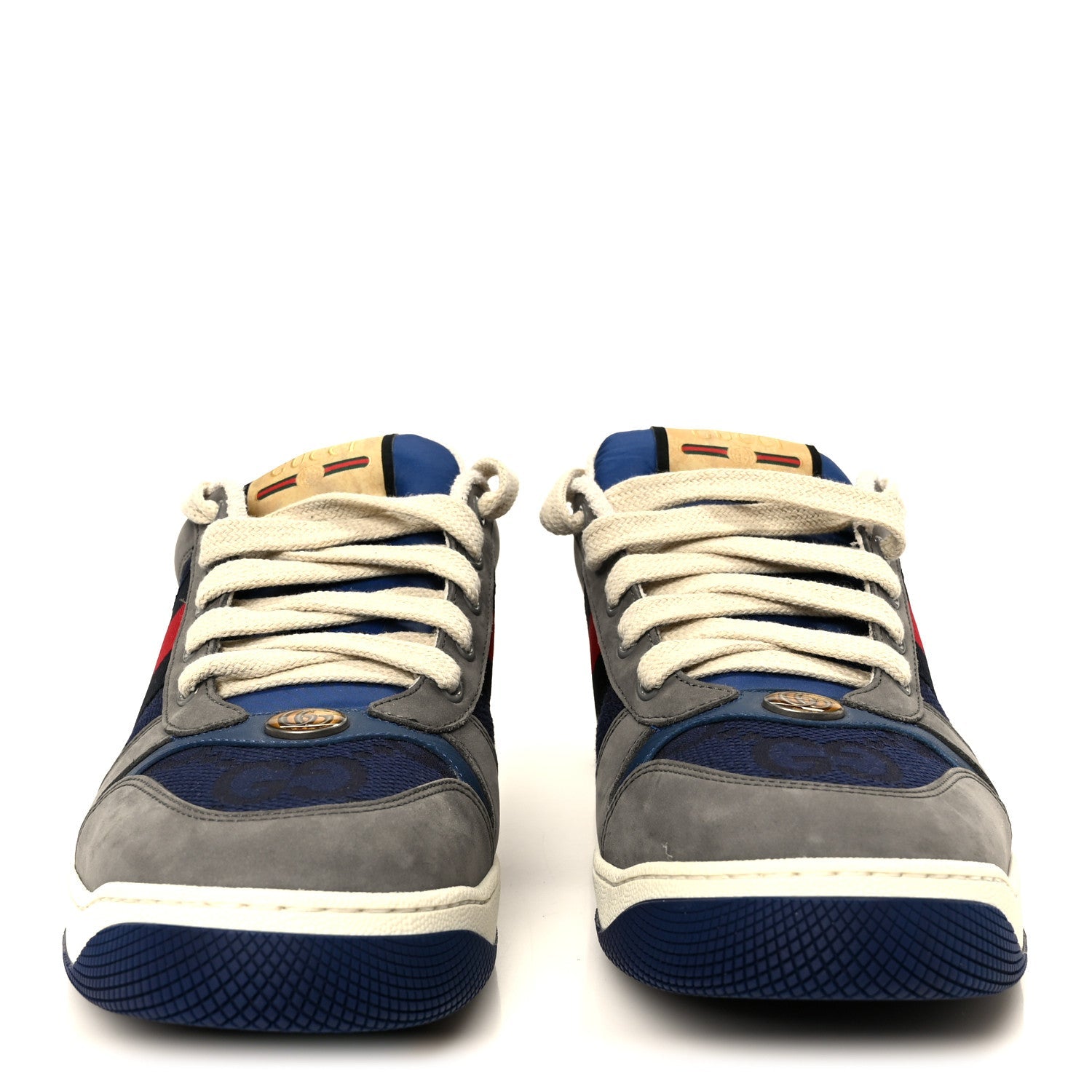 Suede GG Monogram Calfskin Web Mens Screener Sneakers 9 Grey Blue Red