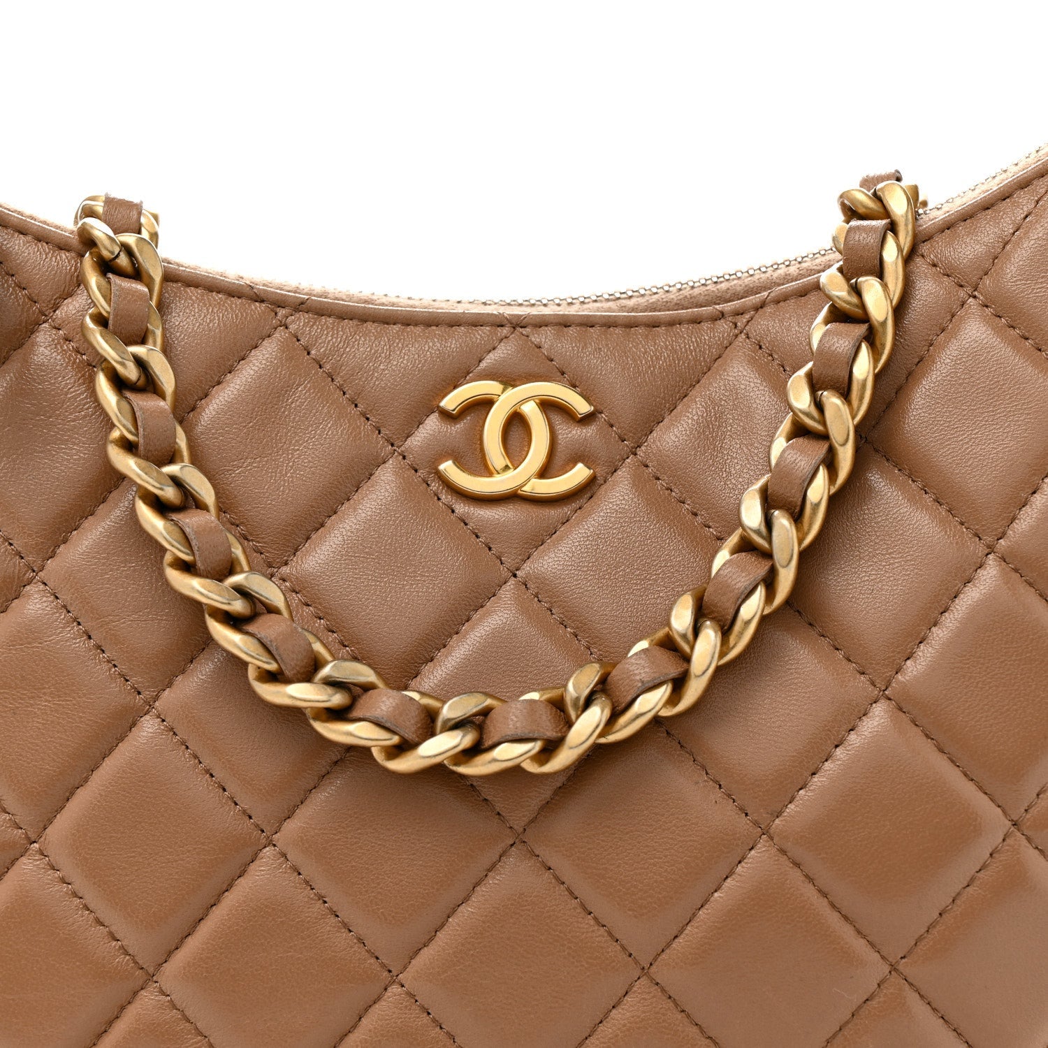 Shiny Crumpled Lambskin Quilted Large Trendy Chain Around Hobo Dark Beige