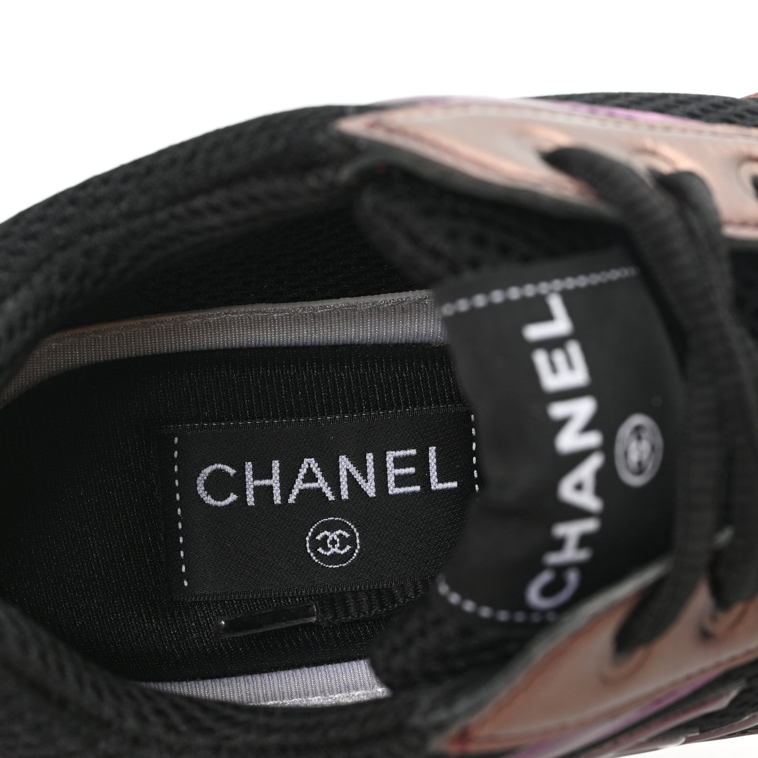 Fabric Laminated Calfskin Stretch CC Womens Sneakers 37.5 Black Purple Burgundy