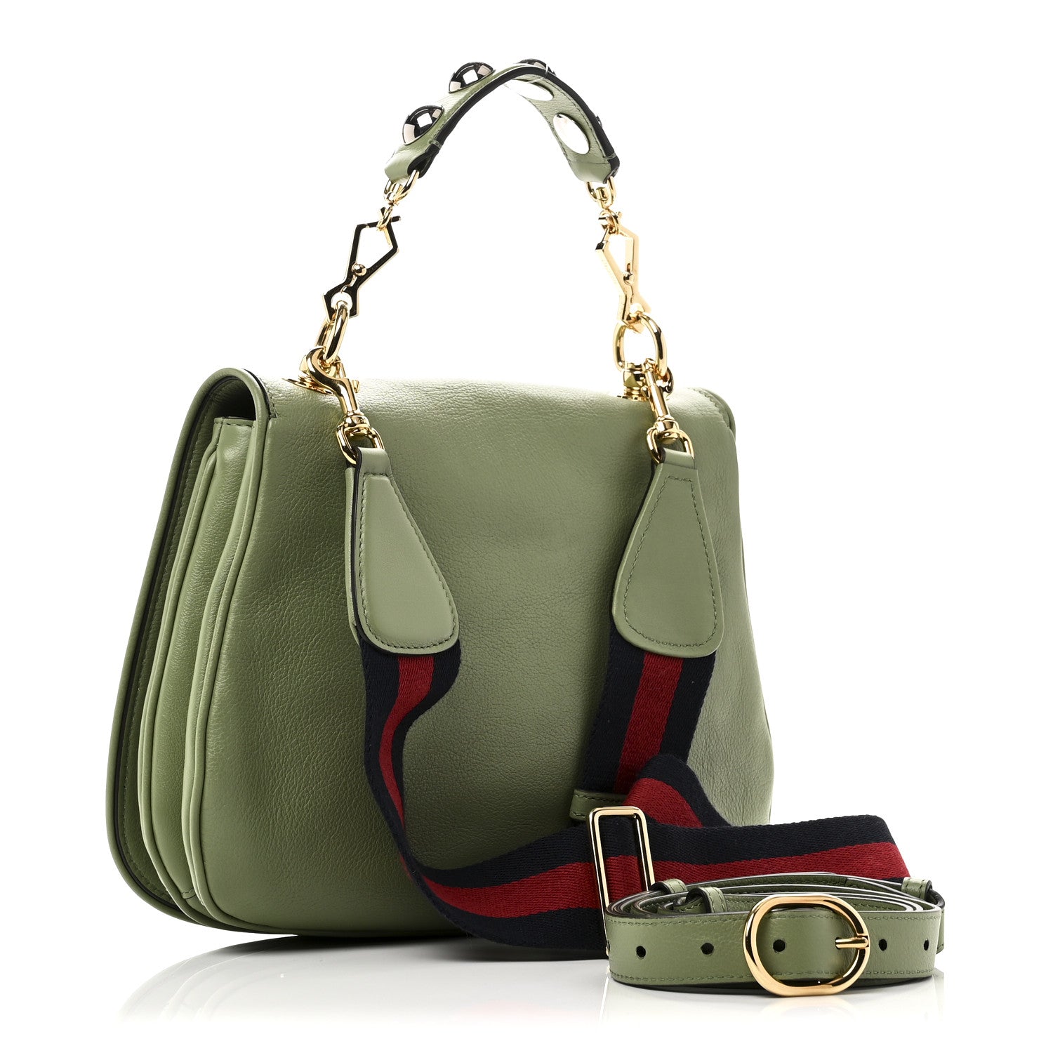 Roxy Calfskin Web Medium Blondie Top Handle Shoulder Flap Bag Salamander Green