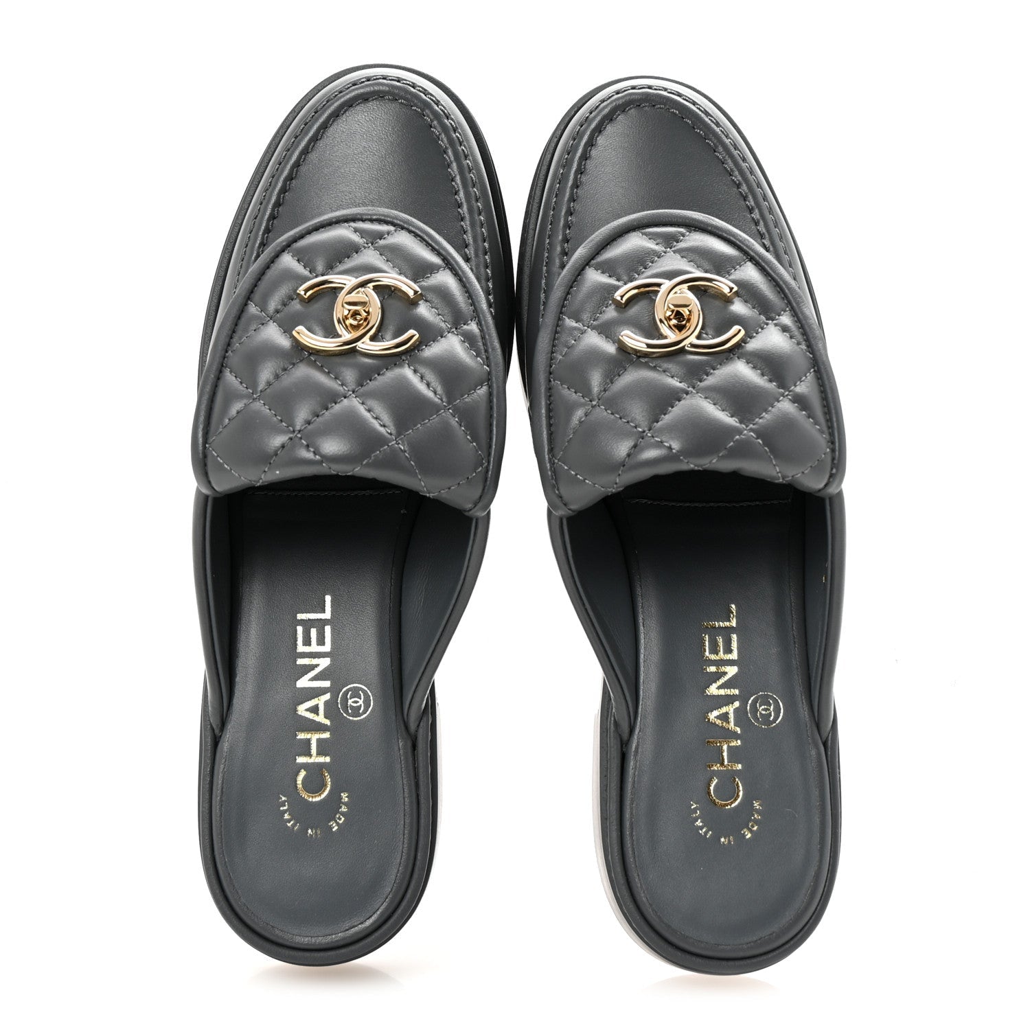 Lambskin Quilted CC Turnlock Mules 37 Dark Gray