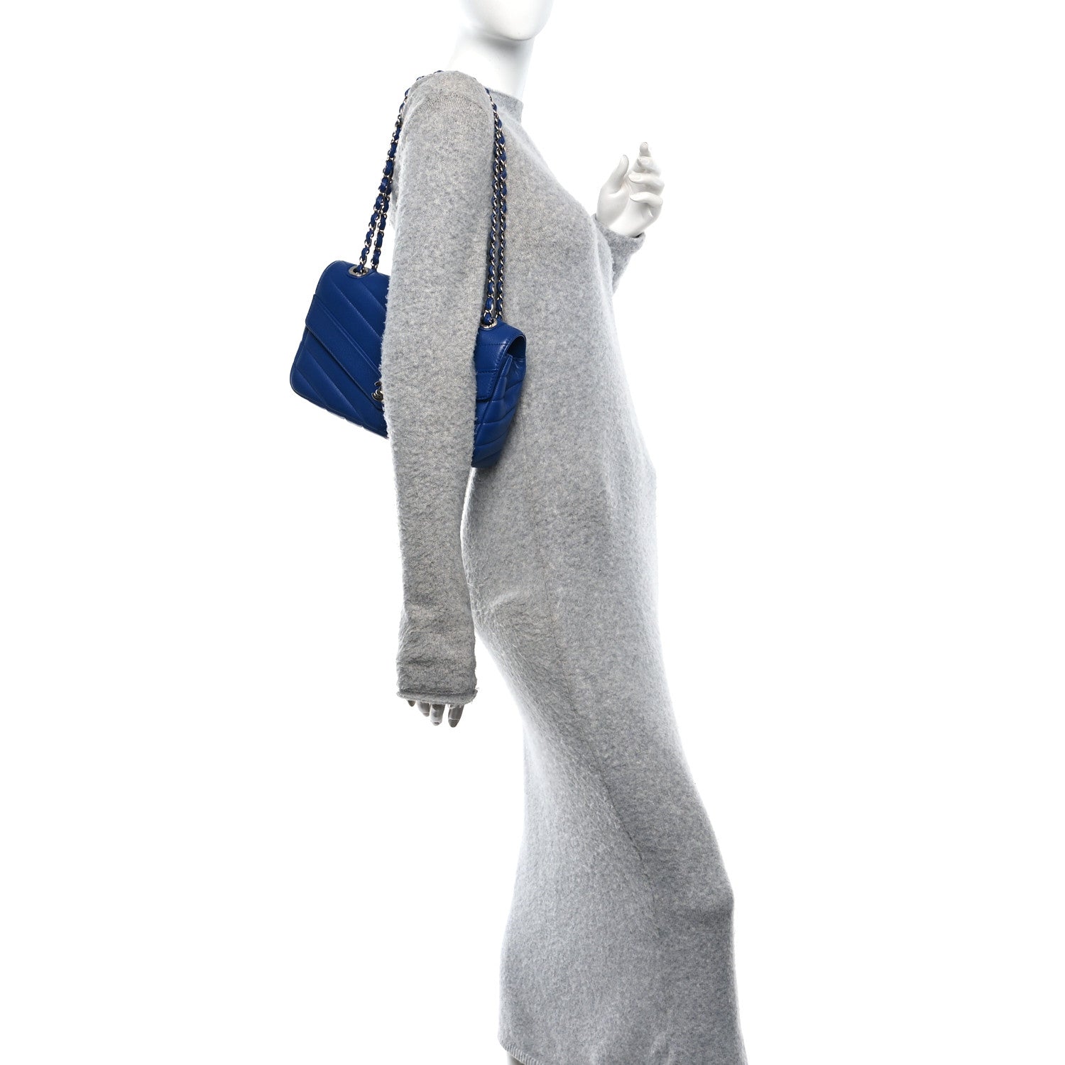 Caviar Chevron Quilted Single Flap Blue