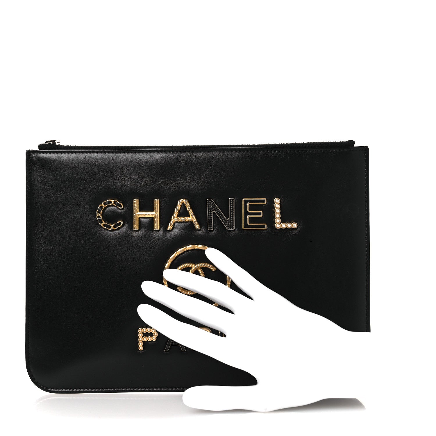 Shiny Calfskin Crystal Pearl Logo Cosmetic Case Black