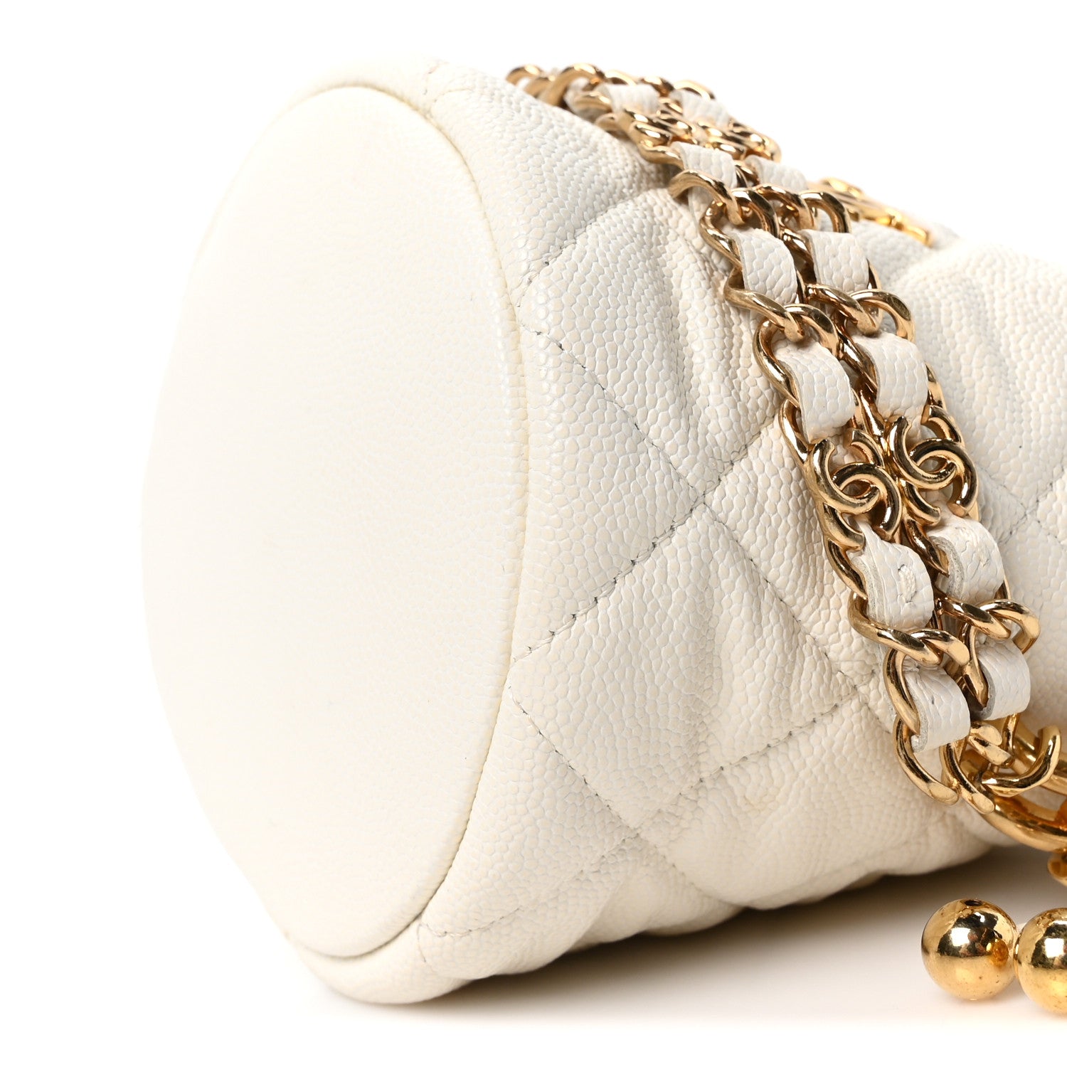 Caviar Quilted Coco First Bucket Clutch With Chain White