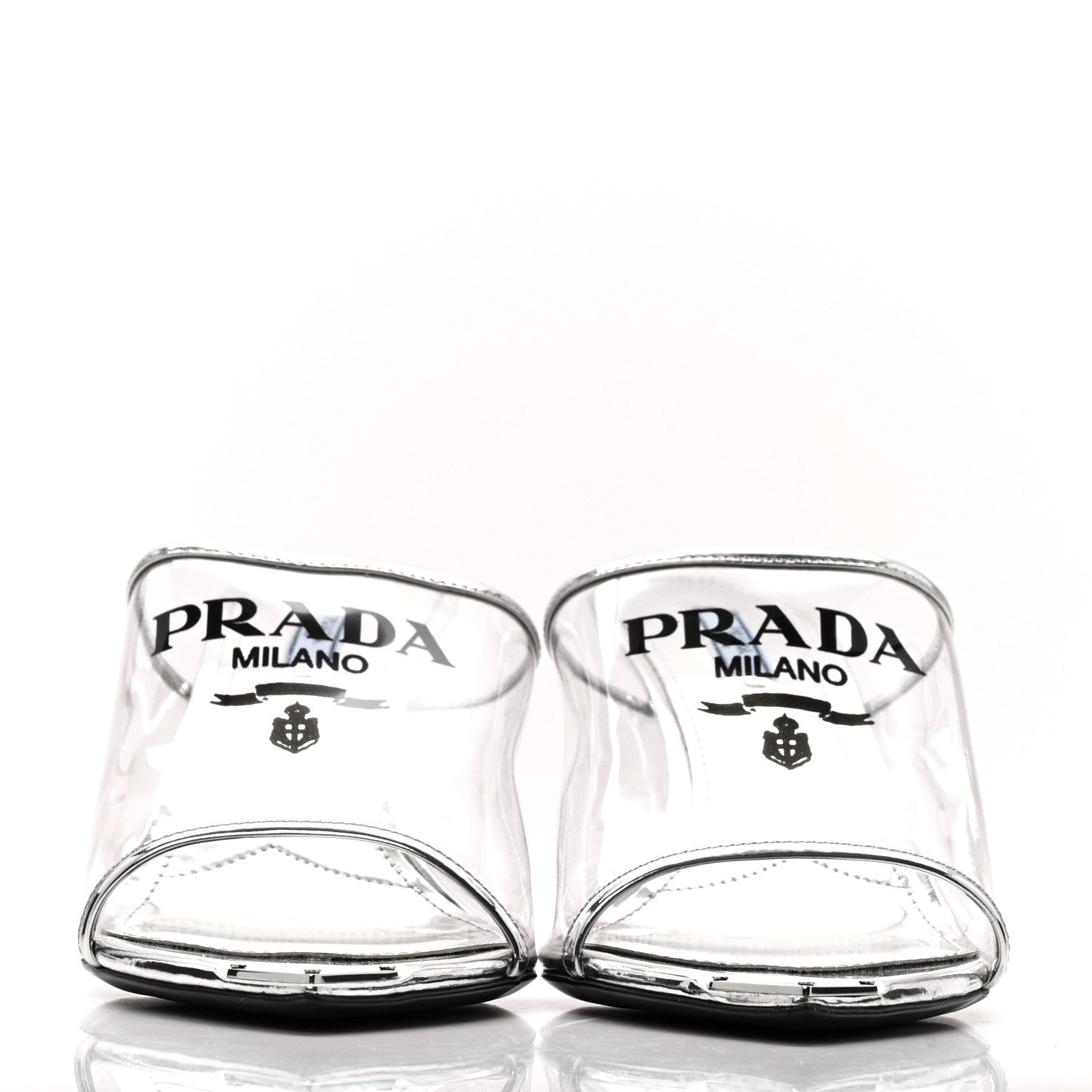 Plexiglass Metallic Calfskin Metal Triangle Logo 75mm Slide Sandals 40.5 Argento
