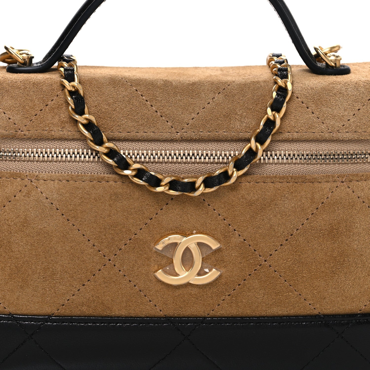 Suede Calfskin Shiny Lambskin Stitched Top Handle Slim Vanity Case With Chain Beige Black