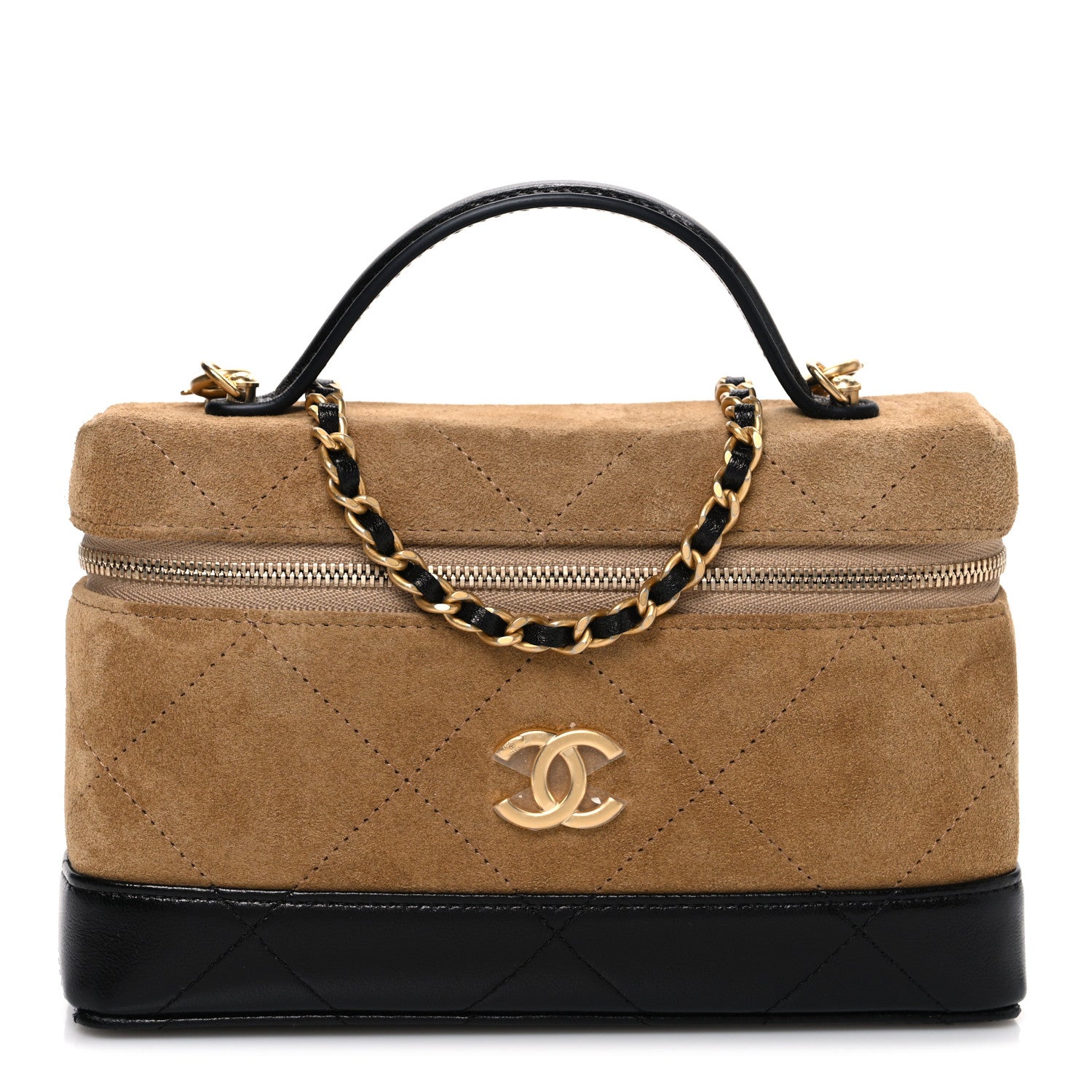 Suede Calfskin Shiny Lambskin Stitched Top Handle Slim Vanity Case With Chain Beige Black