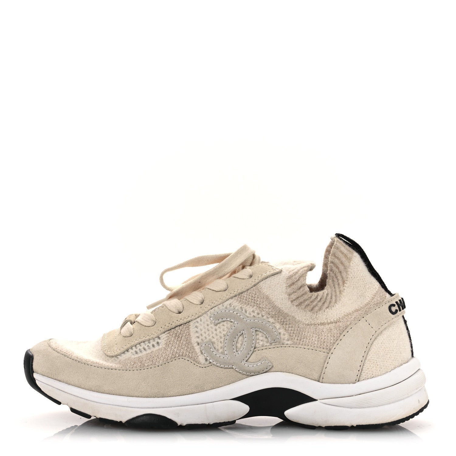 Knit Fabric Suede Calfskin Womens CC Sneakers 38.5 Ivory