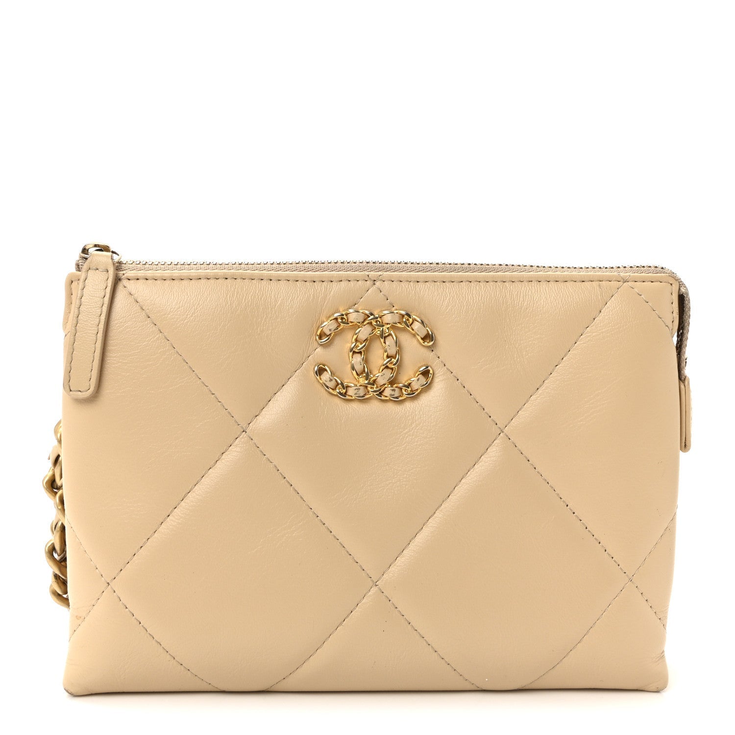 Shiny Goatskin Quilted Chanel 19 Small Pouch With Handle Beige