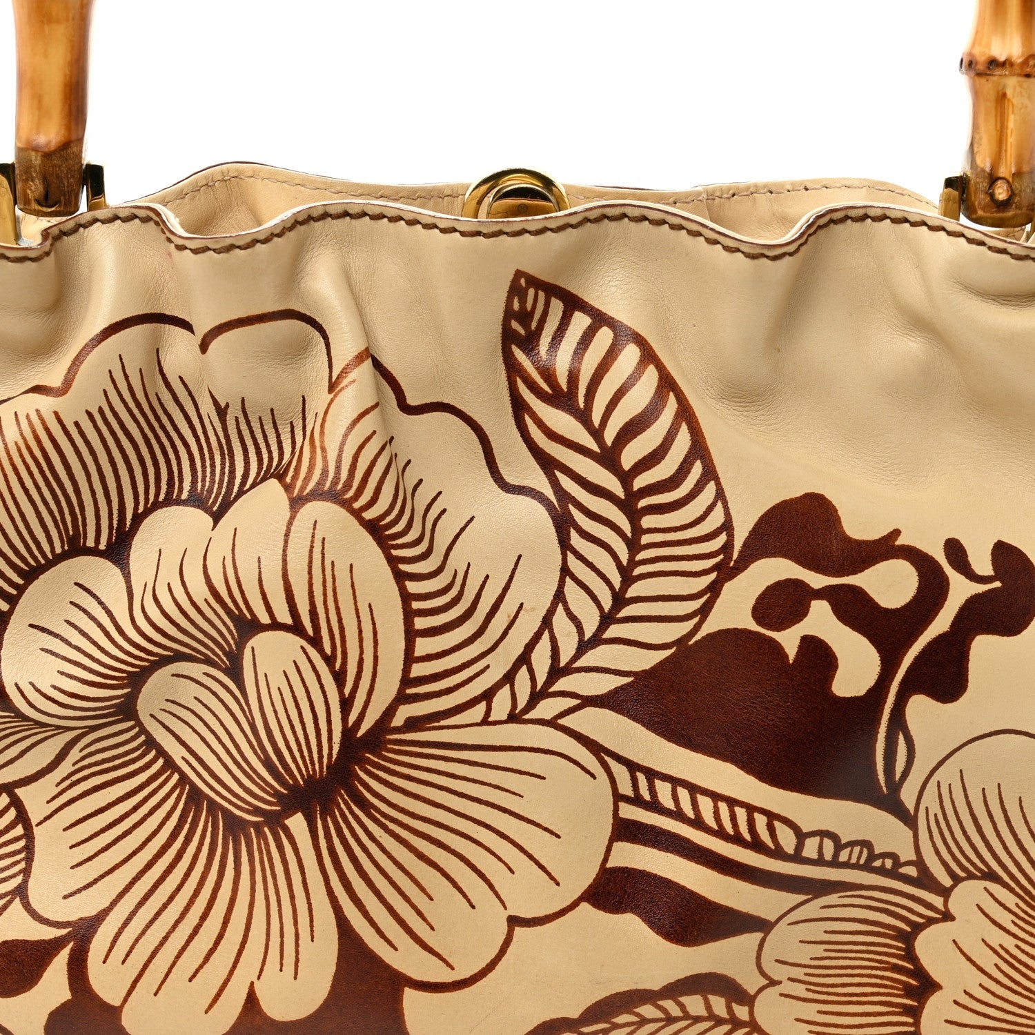 Calfskin Floral Printed Bamboo Top Handle Frame Bag Beige Brown