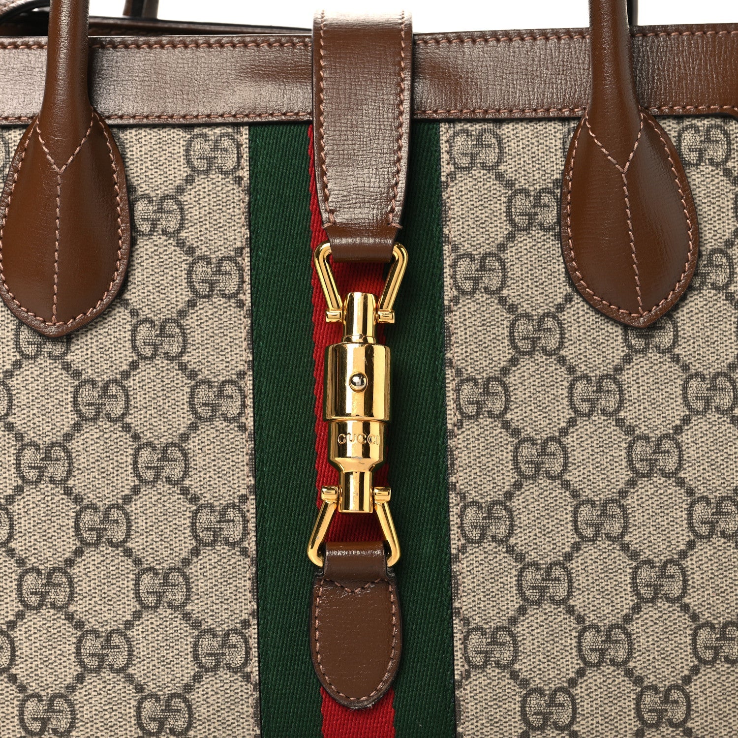 GG Supreme Monogram Azalea Calfskin Web Medium Jackie 1961 Tote Beige Ebony Brown Sugar