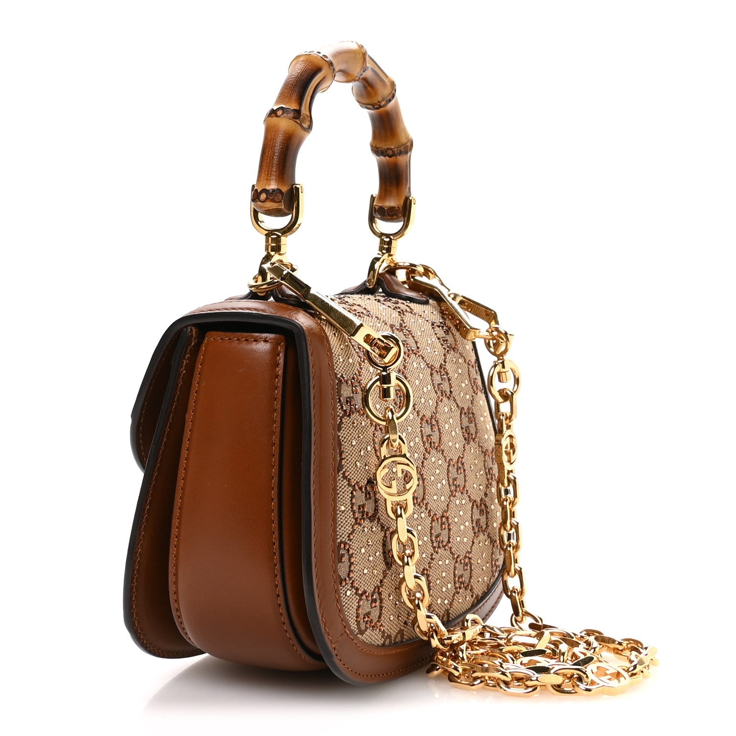 New Canvas Charisma Calfskin Crystal GG Monogram Small Bamboo 1947 Top Handle Bag Camel Ebony