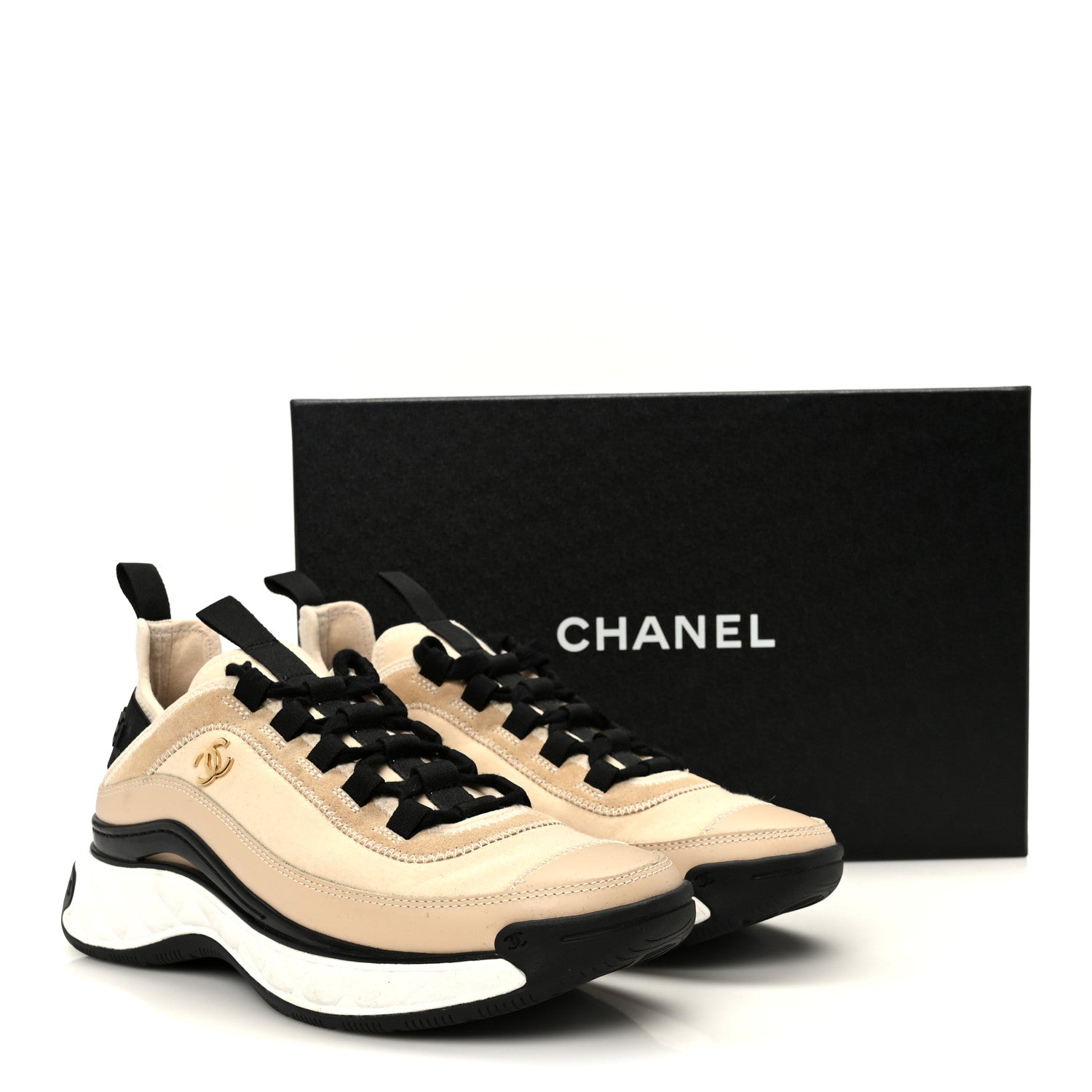 Velvet Calfskin Mixed Fibers CC Sneakers 37.5 Beige