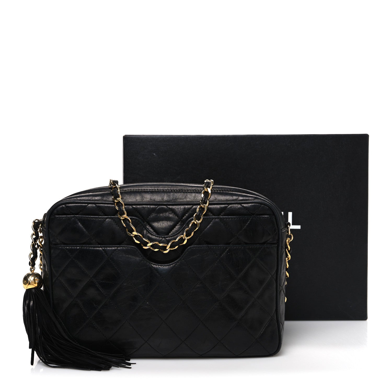 Lambskin Quilted CC Tassel Camera Case Black