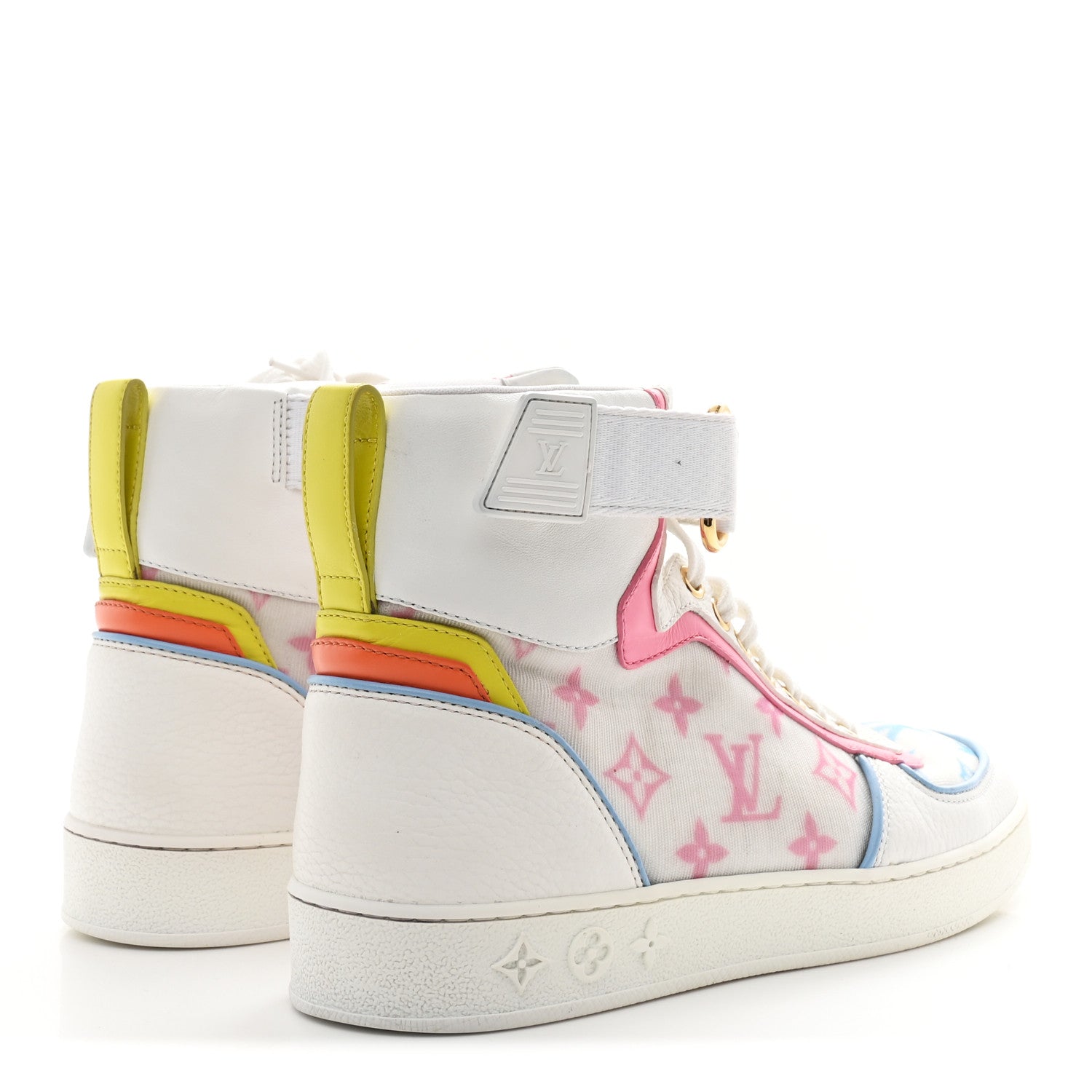 Calfskin Nylon Mesh Monogram Womens Boombox High Top Sneakers 37 Bleu Rose