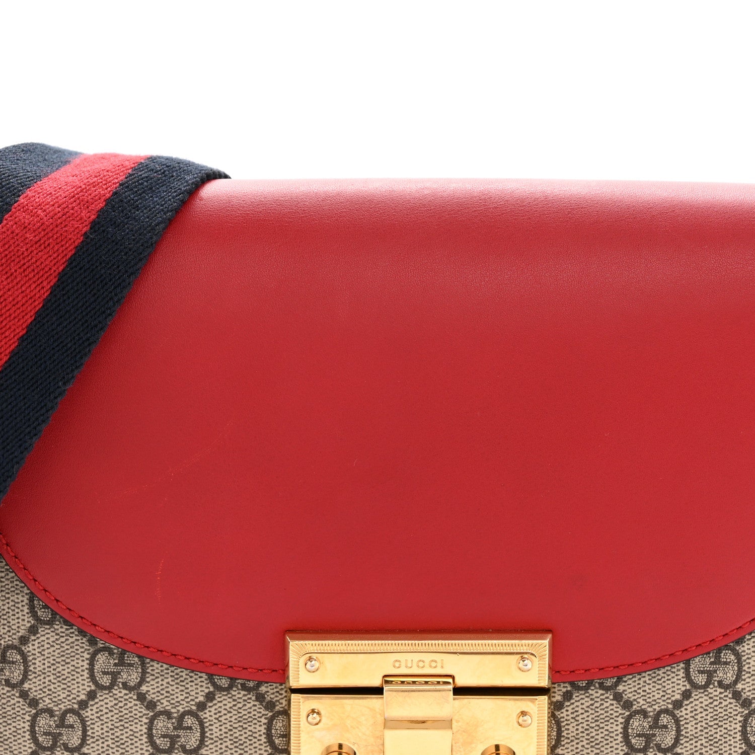 GG Supreme Monogram Calfskin Web Medium Padlock Messenger Shoulder Bag Beige Hibiscus Red New Rosette