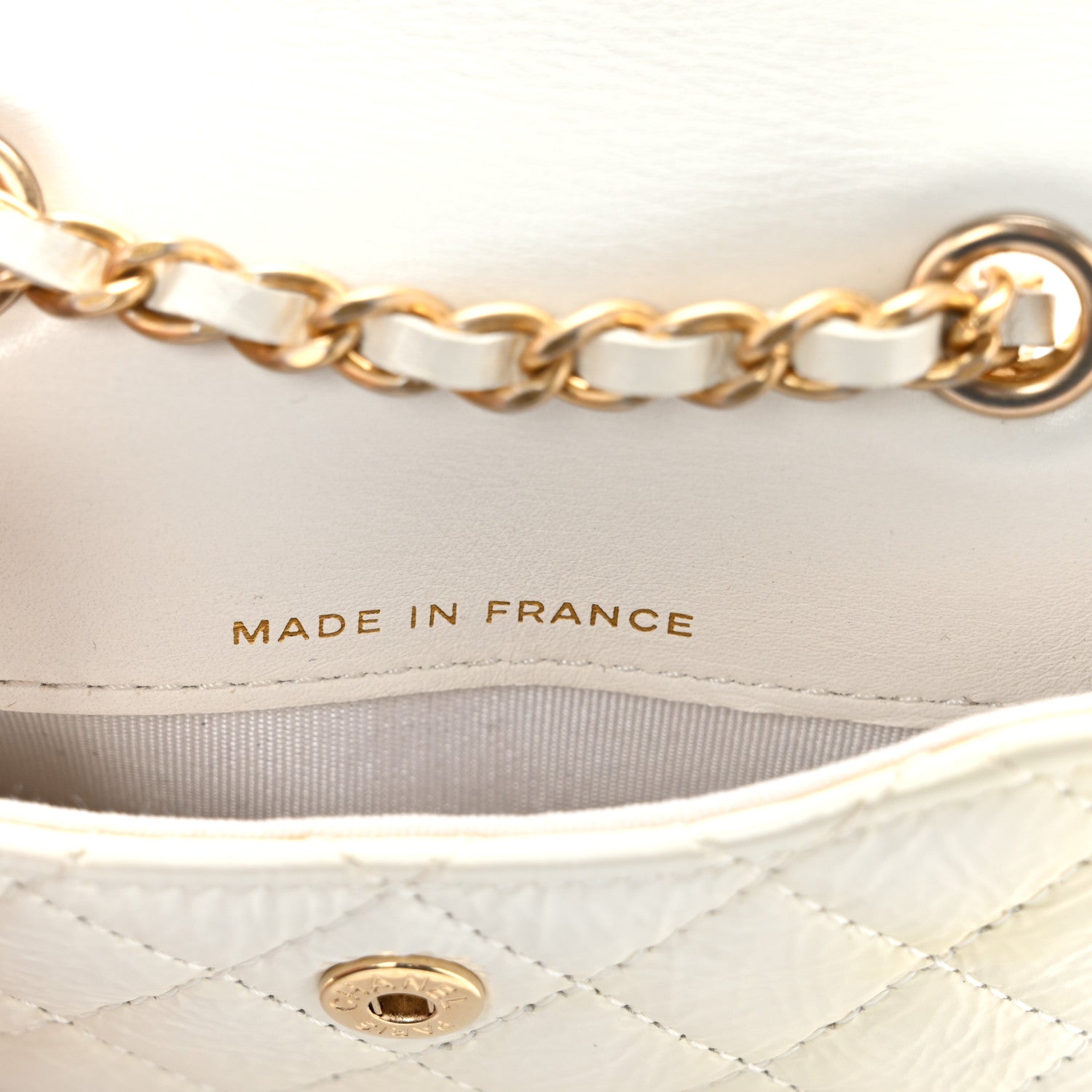 Shiny Aged Calfskin Quilted Waist Belt Bag White