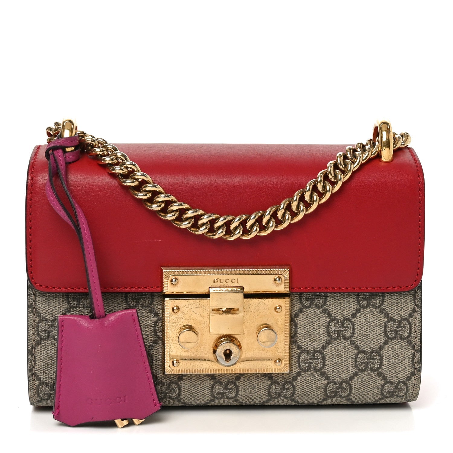 GG Supreme Monogram Calfskin Small Padlock Shoulder Bag Beige Hibiscus Red New Rosette