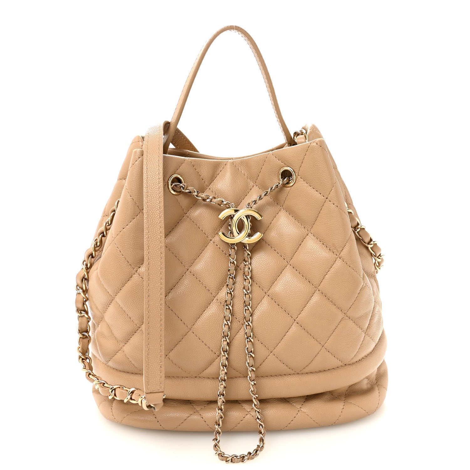 Caviar Quilted Large Rolled Up Bucket Drawstring Bag Beige
