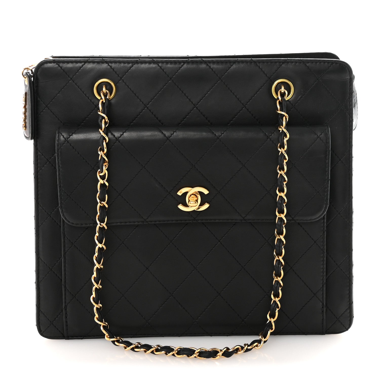 Lambskin Quilted CC Front Pocket Shopping Tote Black