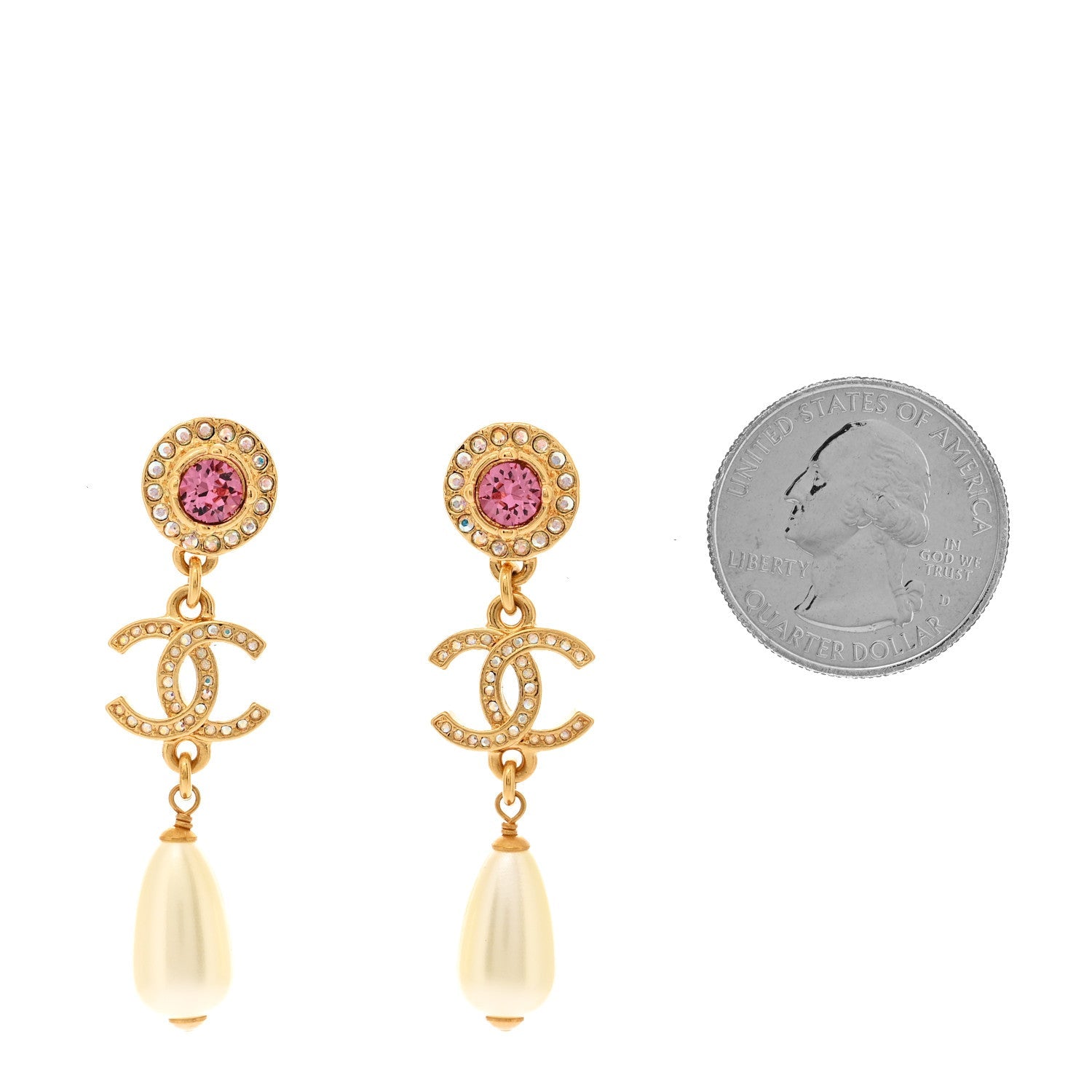 Metal Crystal Pearl CC Drop Earrings Gold Pink White