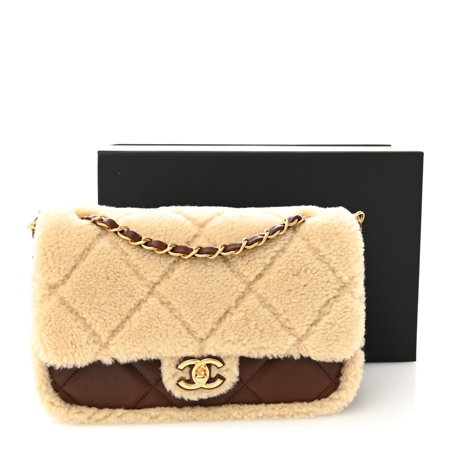 Shearling Lambskin Quilted Furry Coco Flap Beige Dark Brown