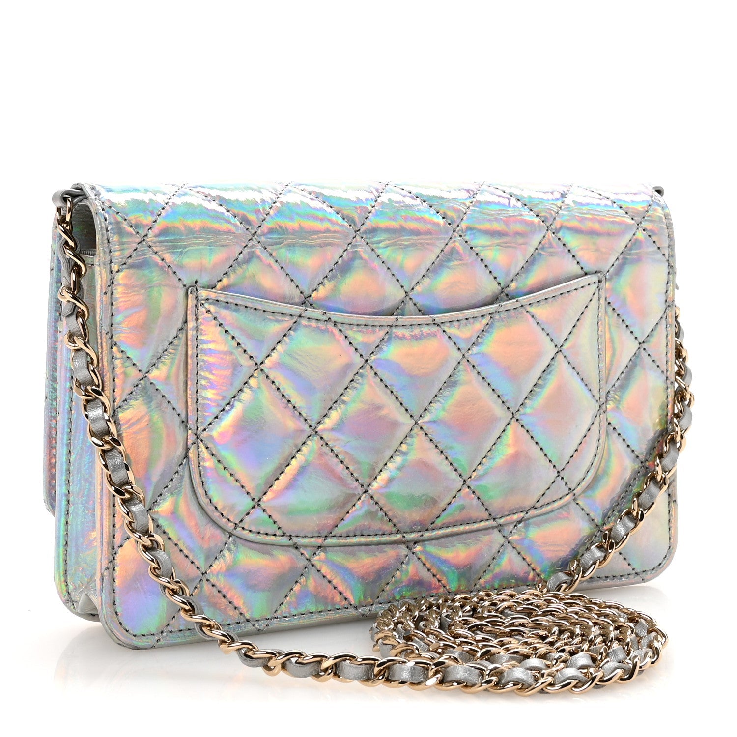 Iridescent Goatskin Quilted Wallet On Chain WOC Silver