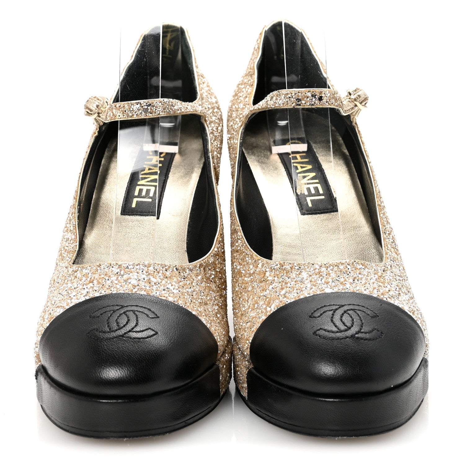 Glitter Lambskin Cap Toe CC Mary Jane Pumps 40 Light Gold Black