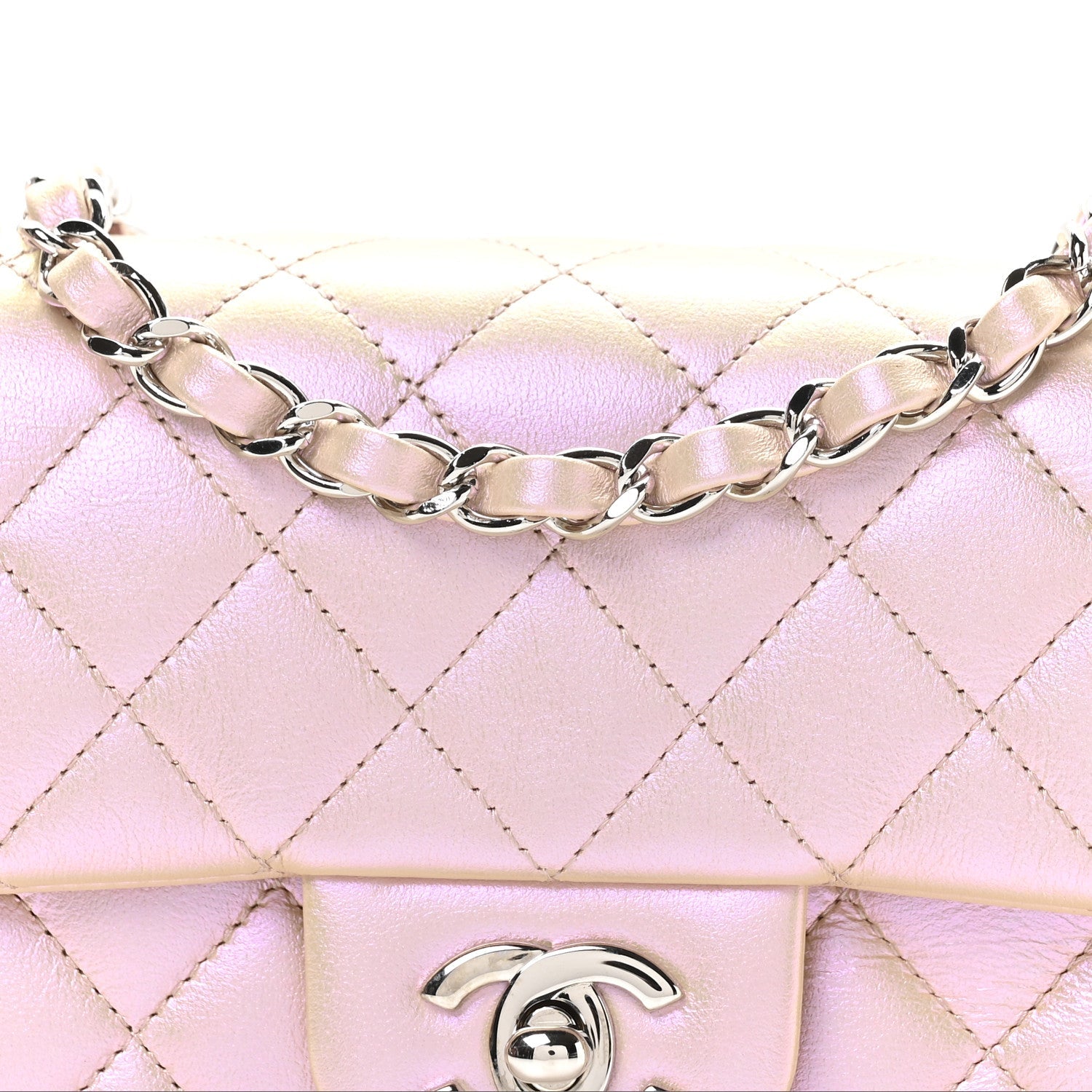 Iridescent Calfskin Quilted Mini Rectangular Flap Pink