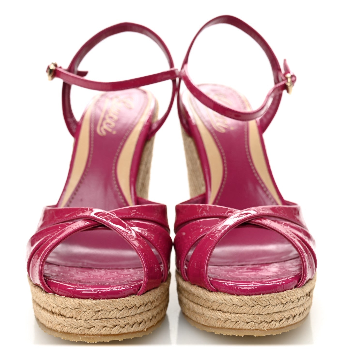 Patent Microguccissima Penelope Espadrille Wedge Sandals 37  Bright Bouganville