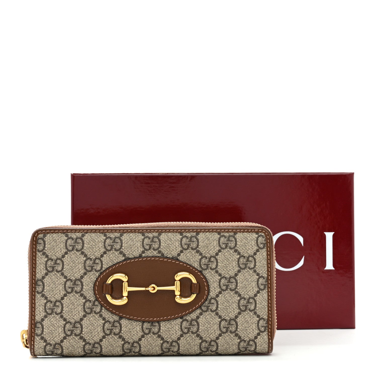 GG Supreme Monogram Azalea Calfskin Horsebit 1955 Zip Around Wallet Beige Ebony Brown Sugar