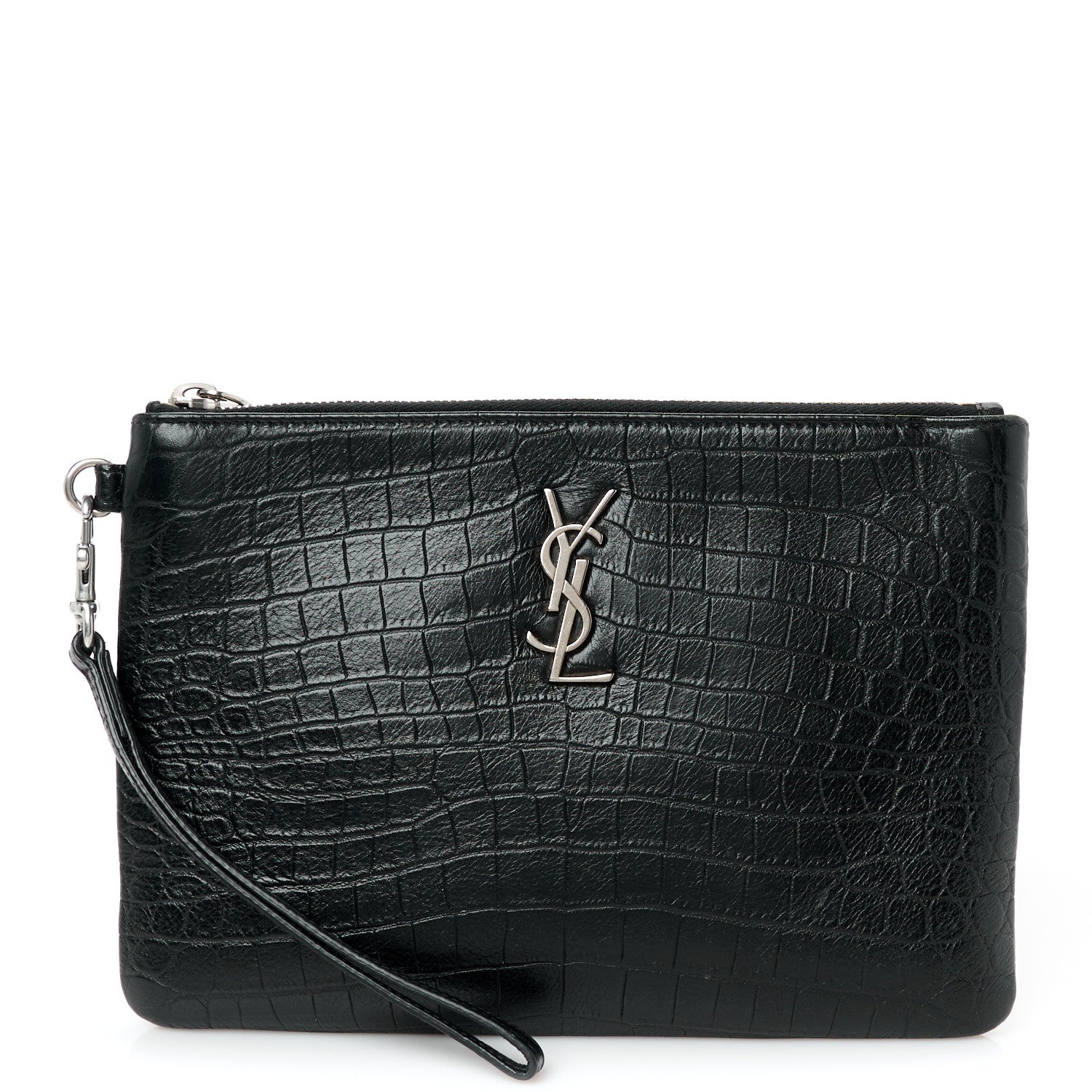 Calfskin Crocodile Embossed Monogram Zip Pouch Black