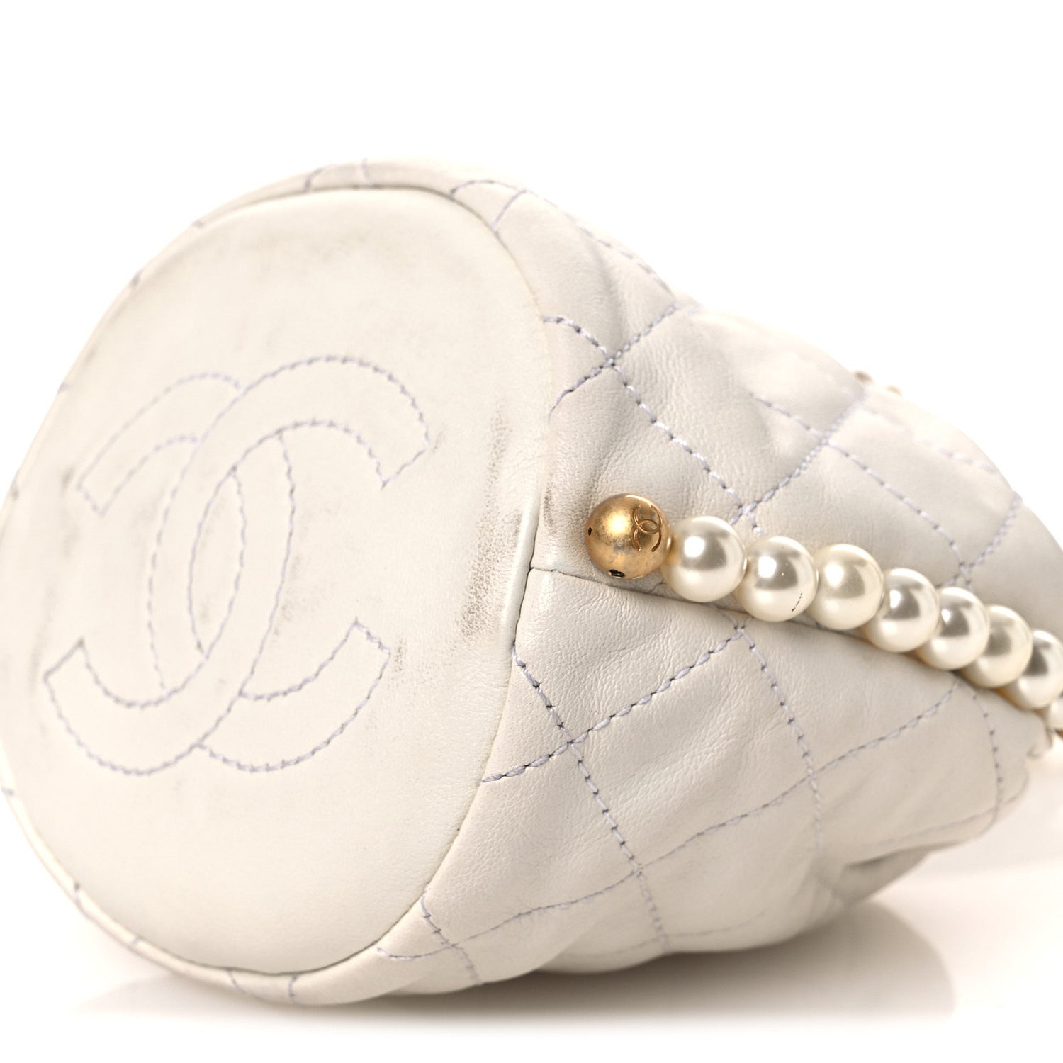 Calfskin Quilted Pearl Mini About Pearls Drawstring Bucket Bag  White