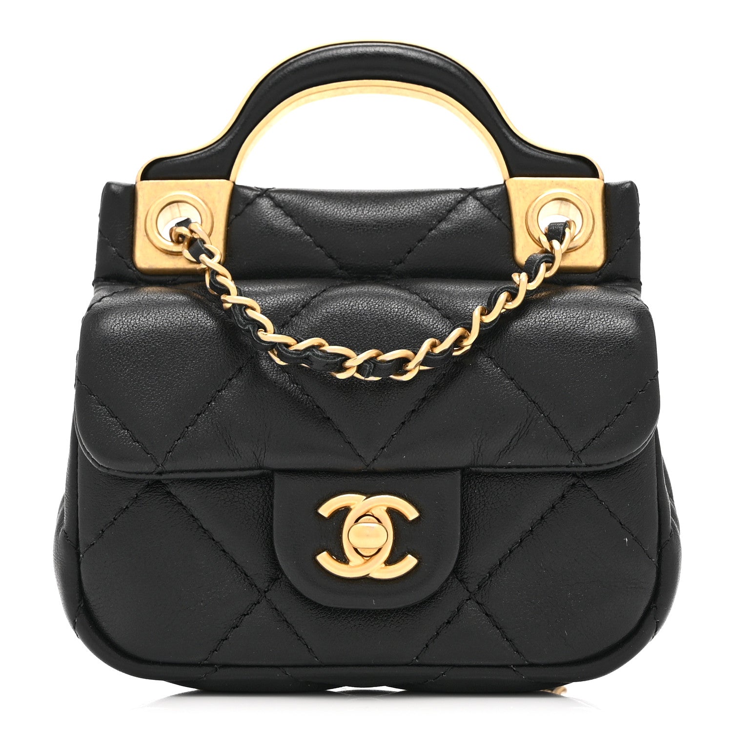 Calfskin Quilted Lady Handle Flap Card Holder With Chain Black