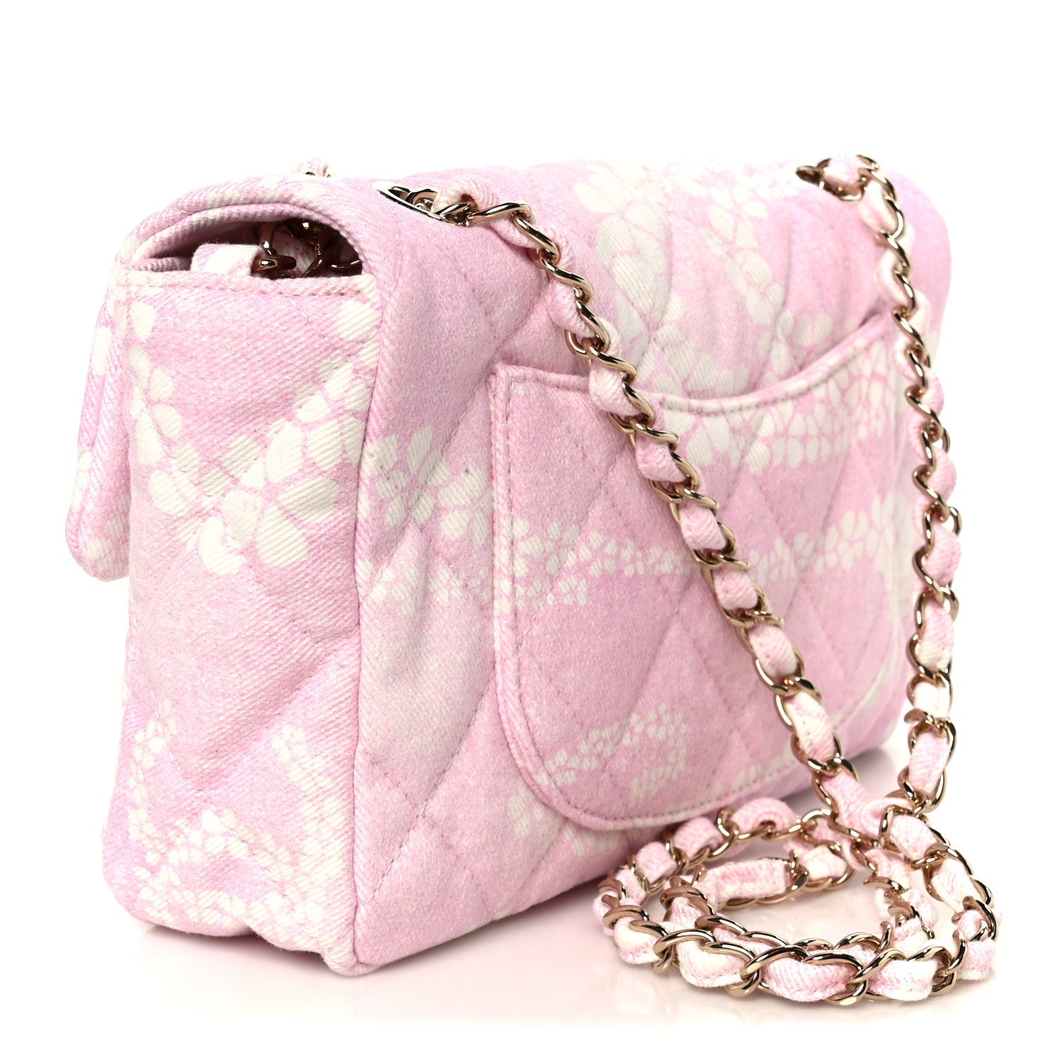 Printed Denim Quilted Flap Bag Pink White