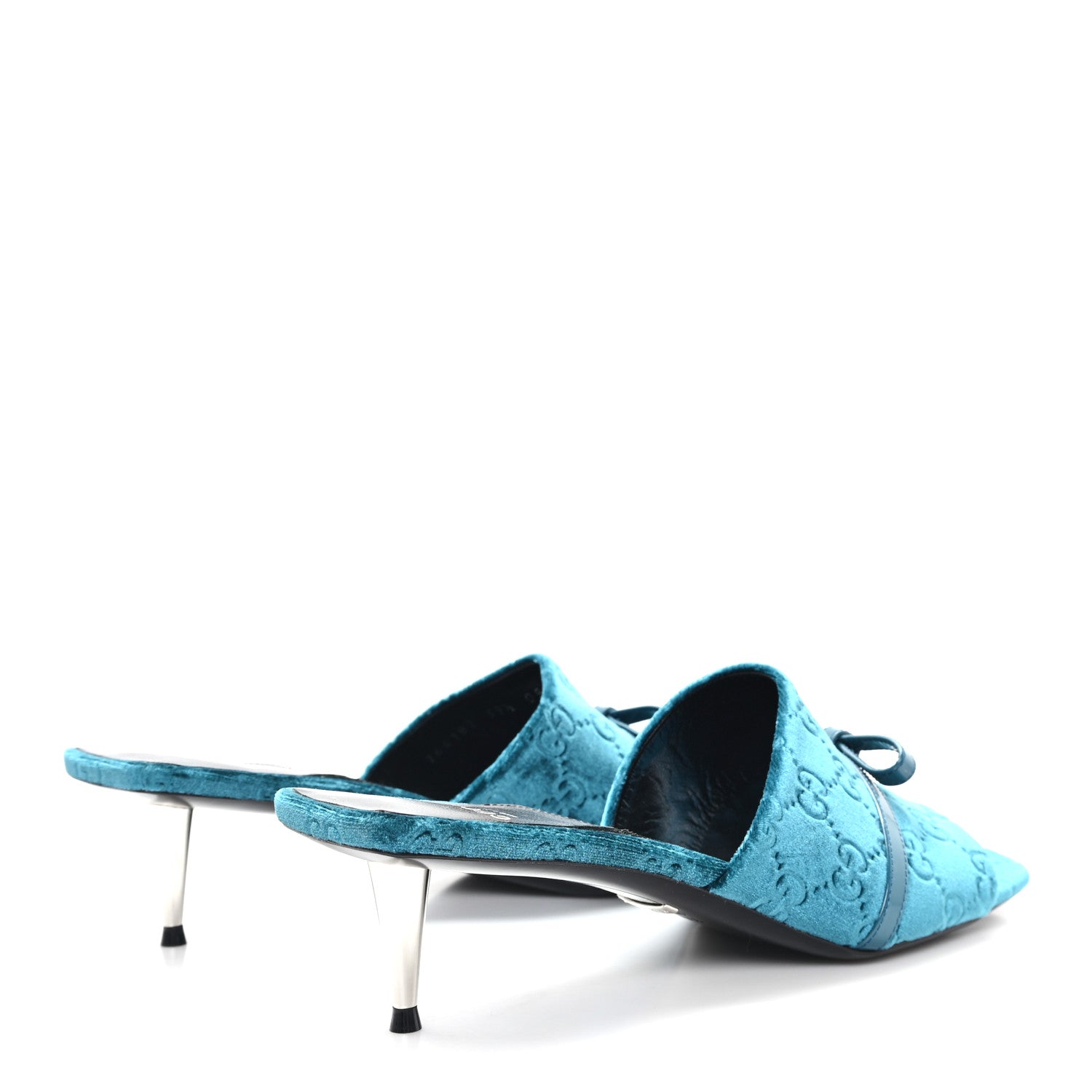 New Velvet Ashmir Regent Calfskin GG Monogram Square Toe Bow 45mm Slide Sandals Peacock Blue 39.5