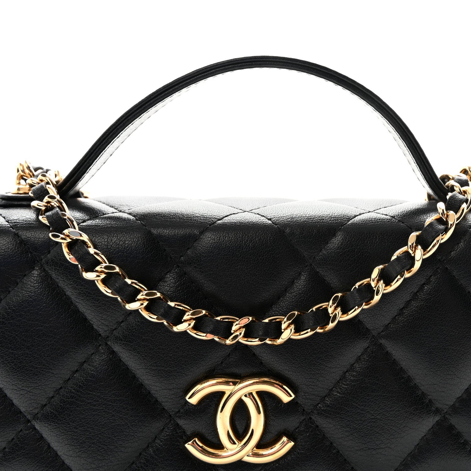 Shiny Aged Calfskin Quilted Top Handle Clutch With Chain Black