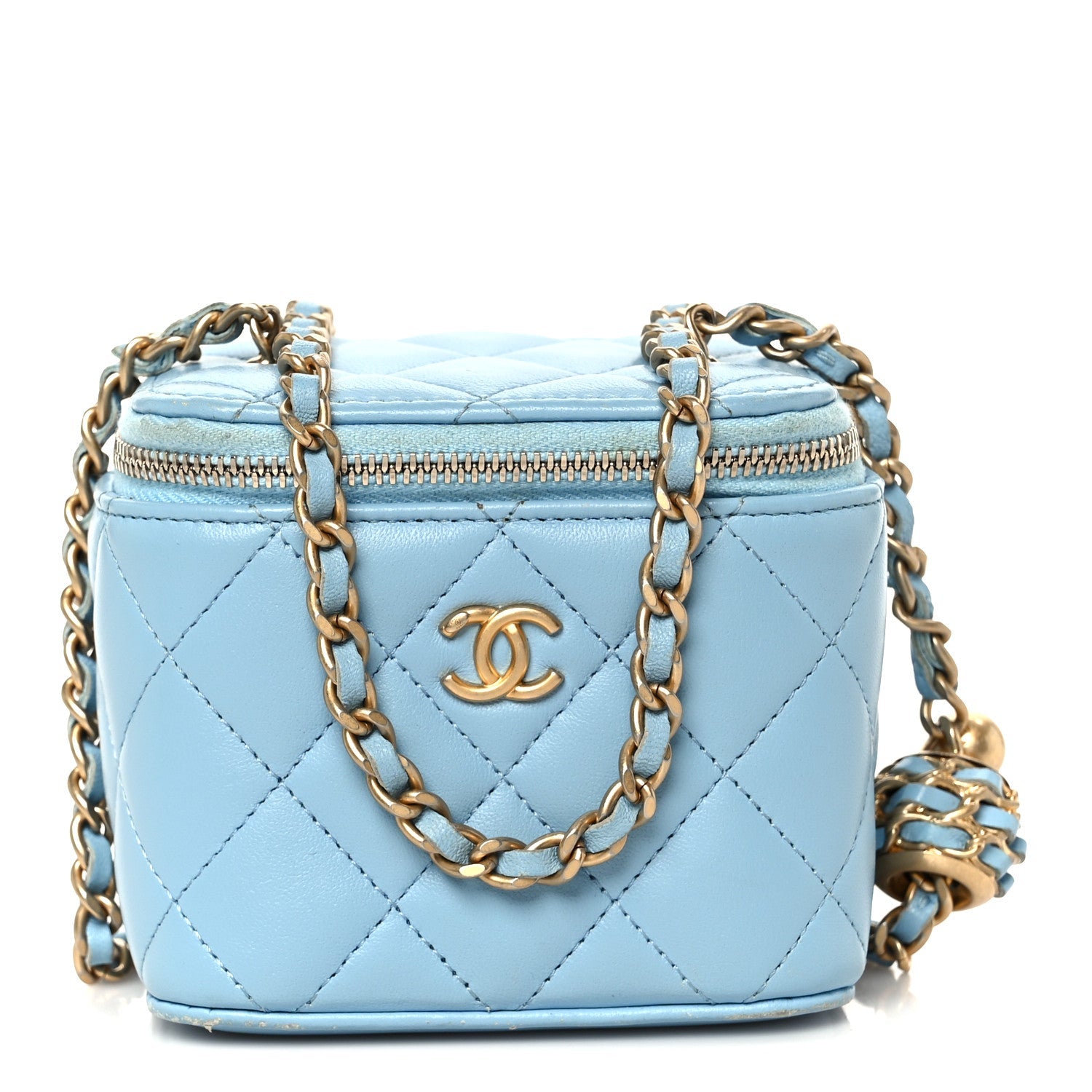 Lambskin Quilted Pearl Crush Mini Vanity Case With Chain Light Blue