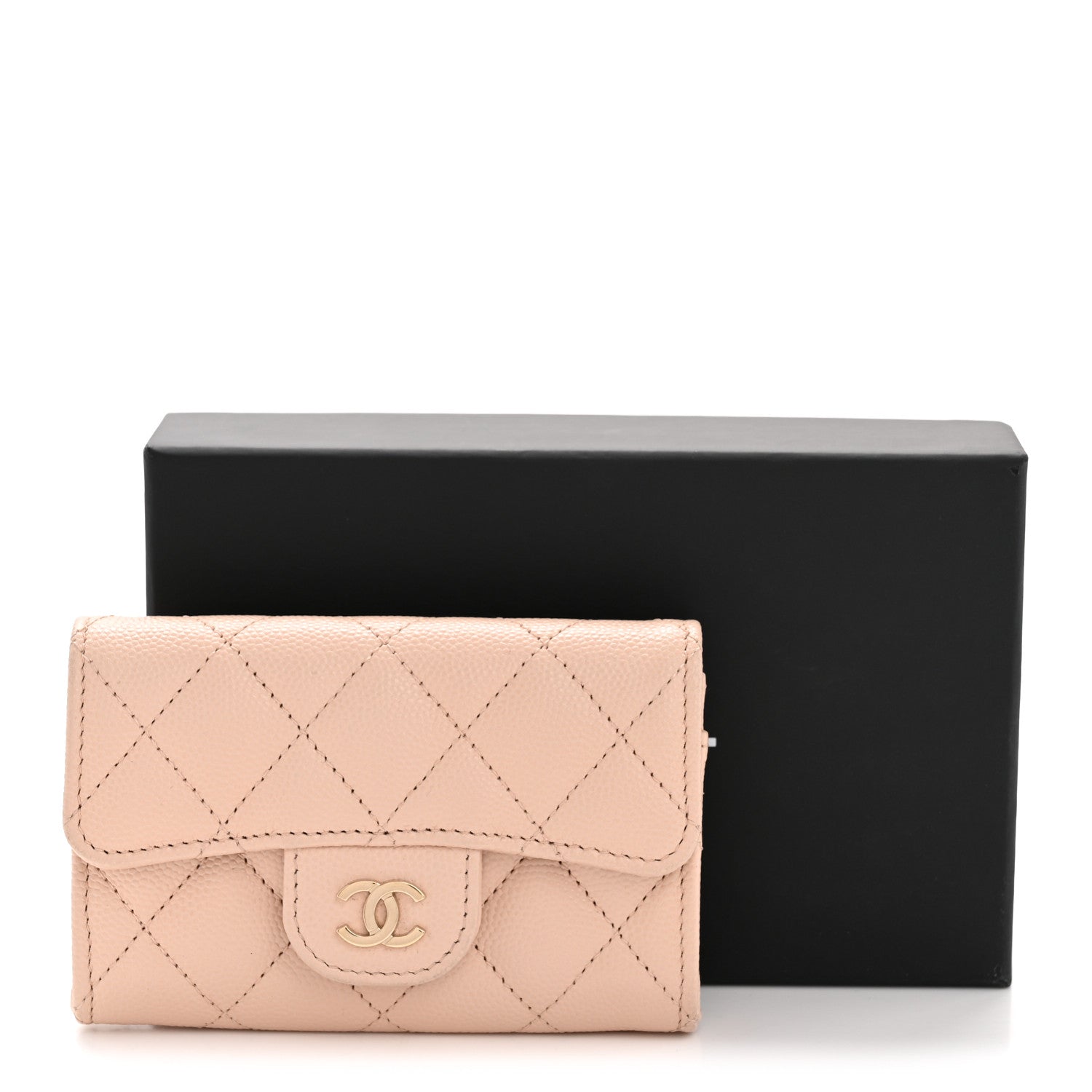 Caviar Quilted Flap Card Holder Wallet Light Beige