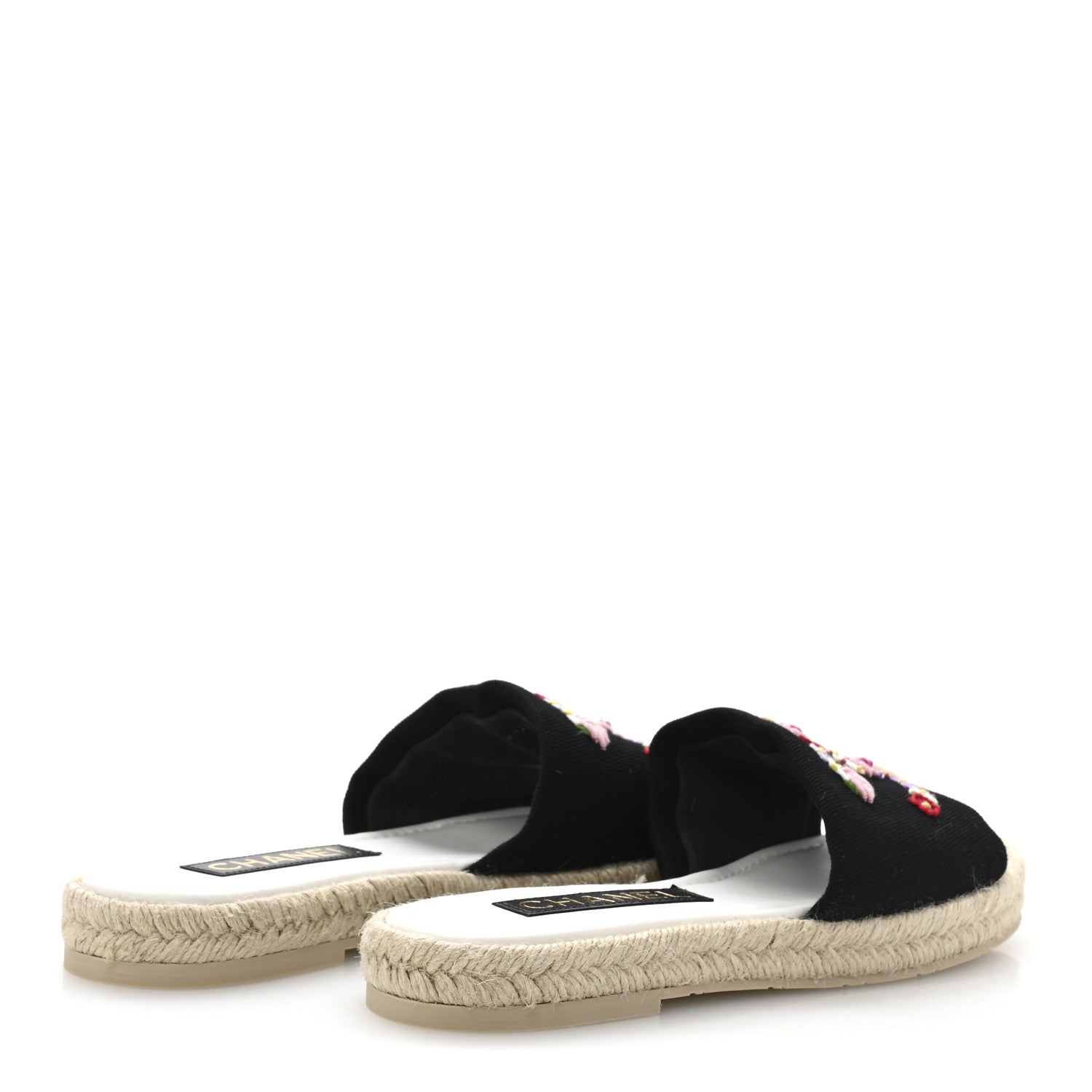 Canvas Embroidered CC Floral Espadrille Slip On Sandals 37 Black Multicolor