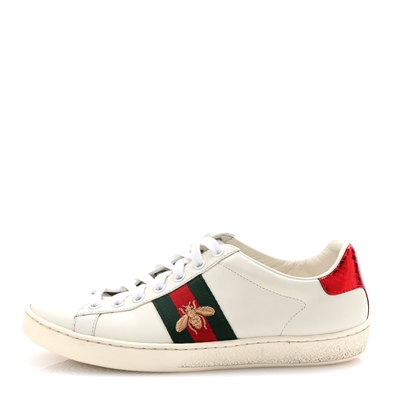 Calfskin Ayers Bee Embroidered Womens Ace Sneakers 37 White Red Flame Green