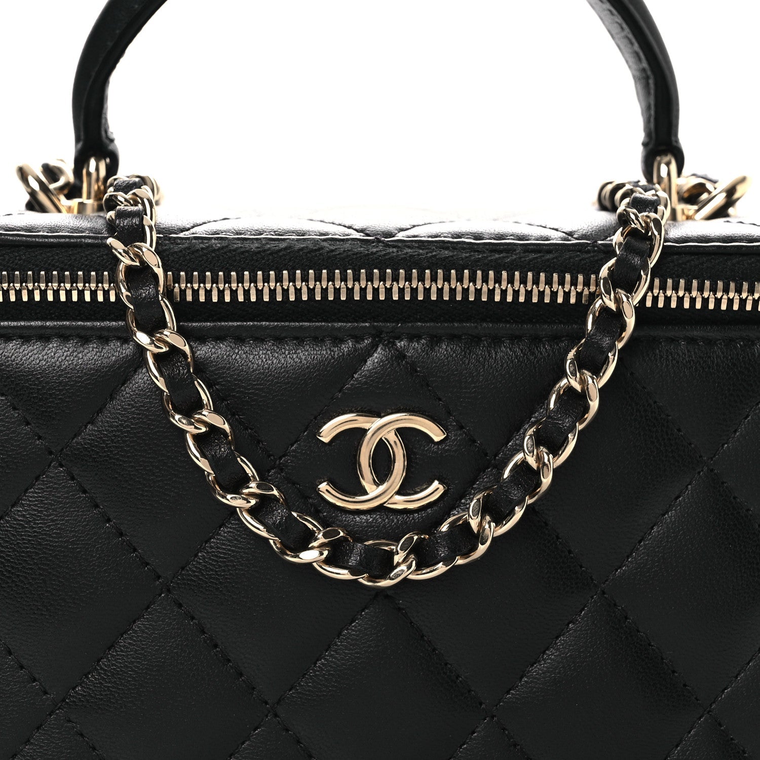 Lambskin Quilted Small Top Handle Vanity Case With Chain Black