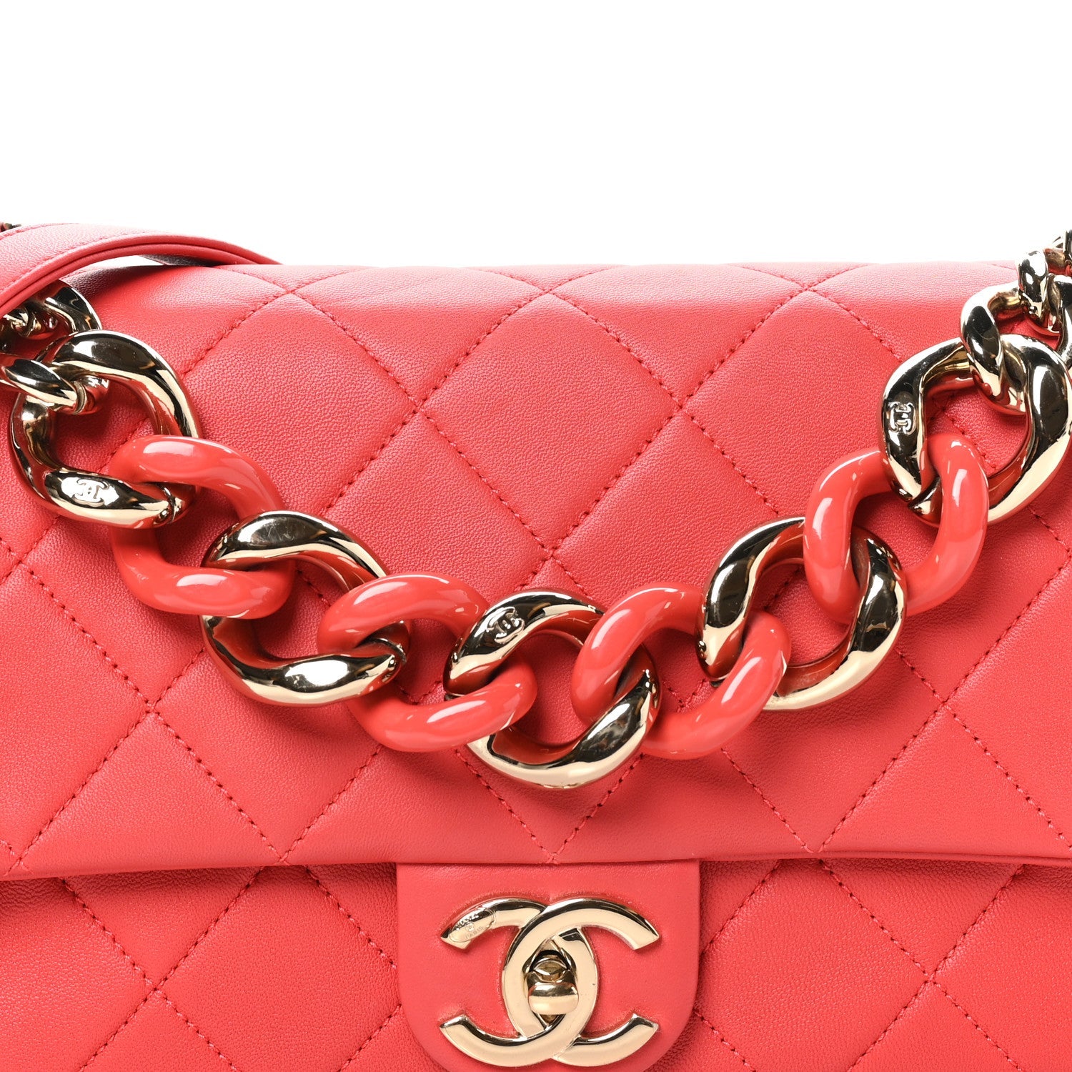 Lambskin Quilted Resin Bi-Color Chain Flap Bag Red