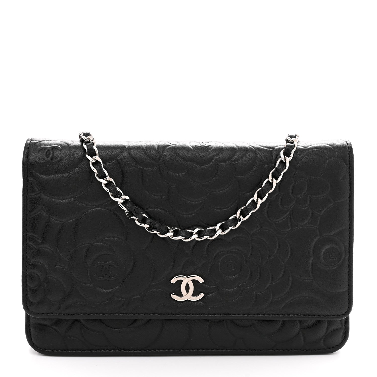 Lambskin Camellia Embossed Wallet On Chain WOC Black