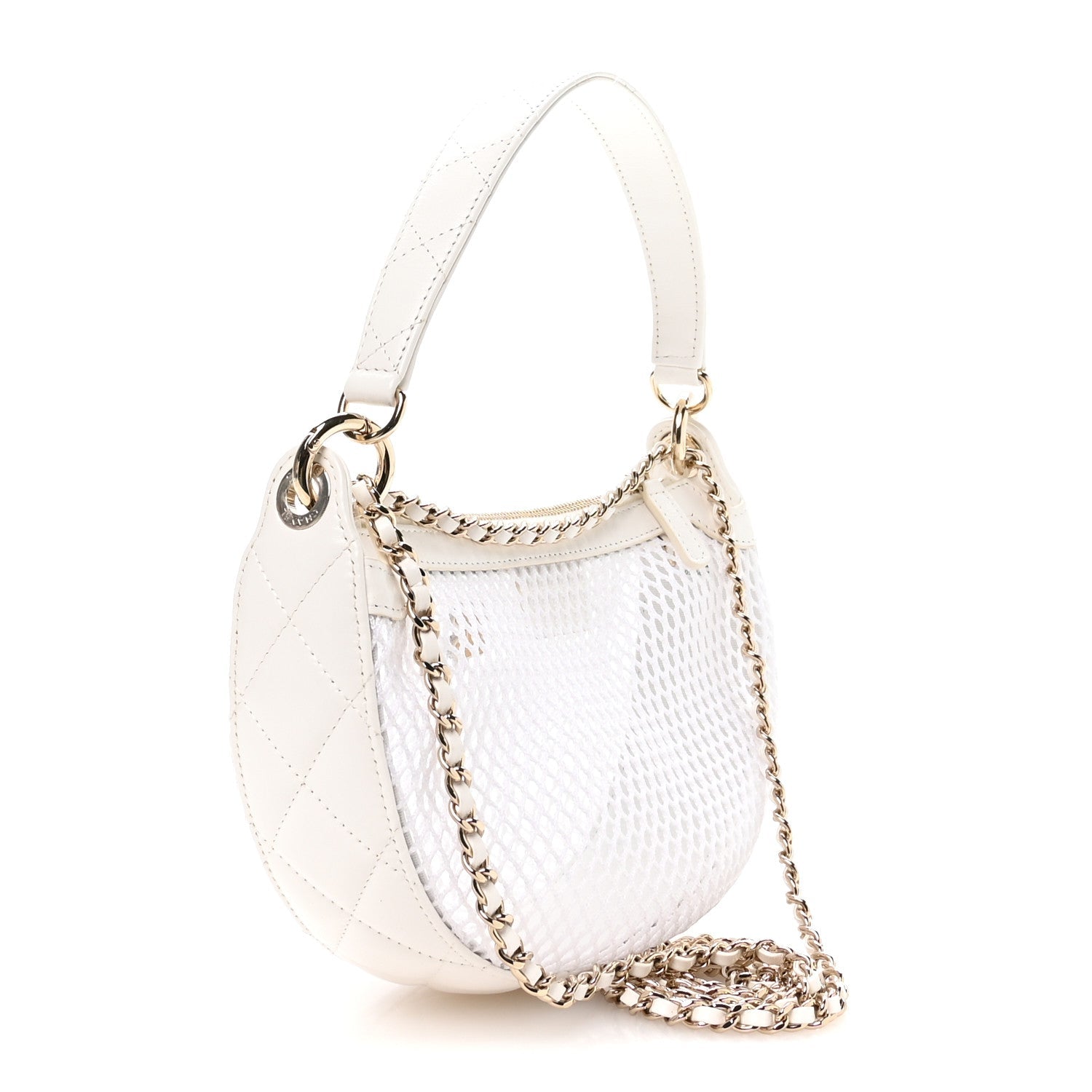 Mesh Shiny Lambskin Chain Hobo White